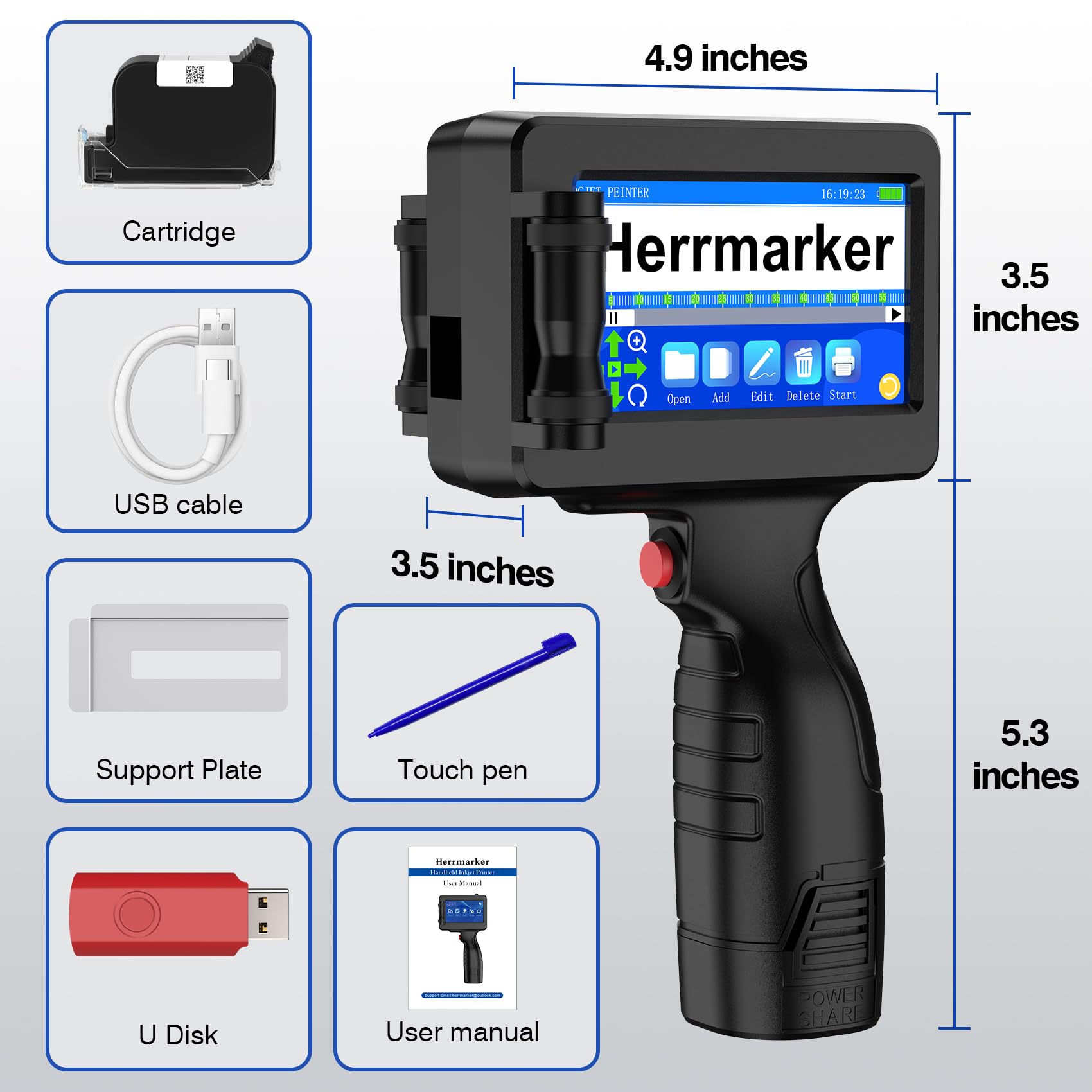 Handheld Inkjet Printer TIJ314 - Portable Inkjet Gun with 42ml Quick-Dry Ink Cartridge, 4.3