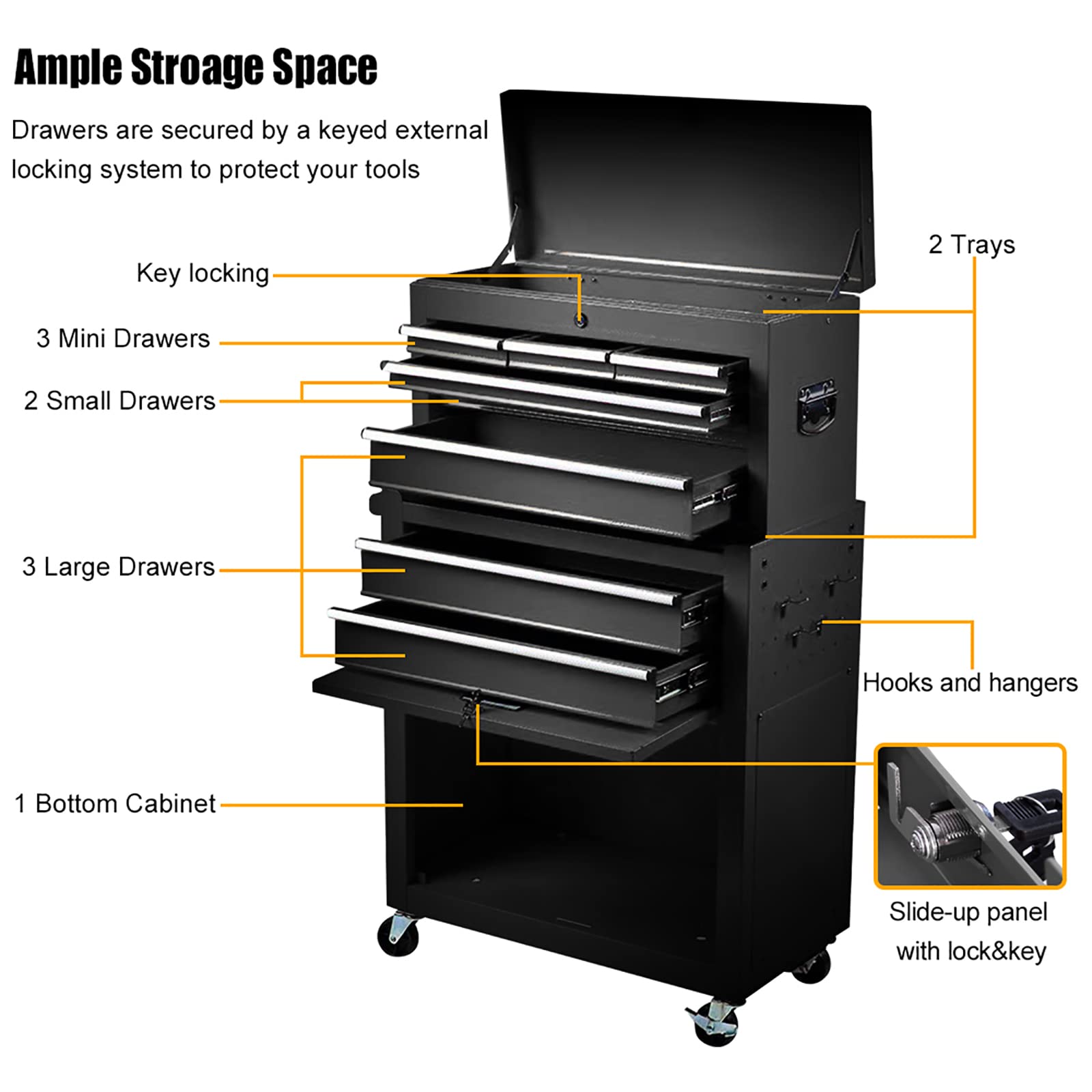 8-Drawer Rolling Tool Chest with Wheels - Heavy Duty Portable Tool Box Organizer for Garage, Workshop & Home - Black Tool Storage Cabinet with Removable Drawers - Perfect for Mechanics, DIY Projects & Professional Tool Organization
