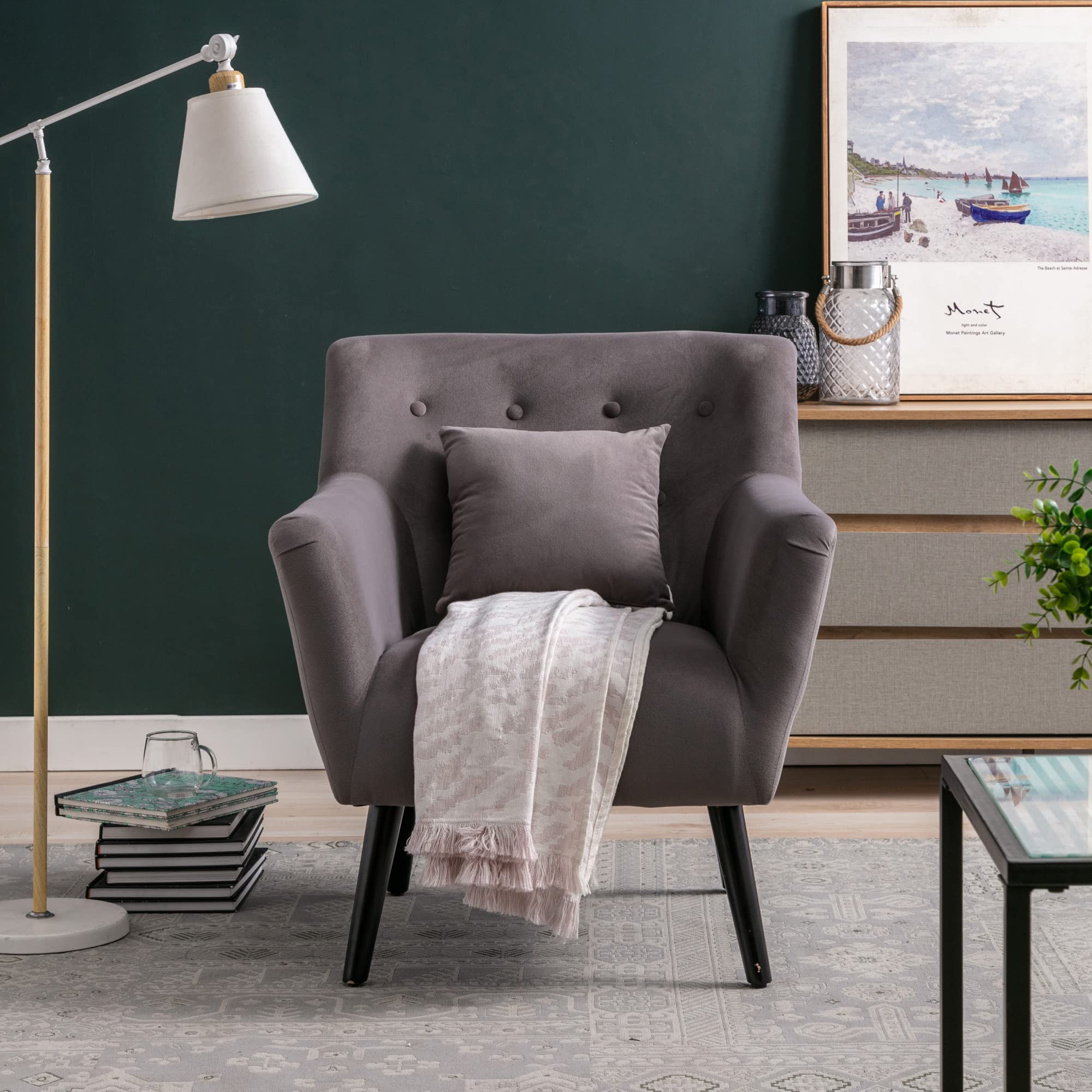 Mid Century Modern Upholstered Accent Chair with Waist Pillow - Solid Wood Legs & Linen Fabric - Stylish Armchair for Living Room, Bedroom, Office - Perfect for Relaxing, Reading & Home Decor (Gray)