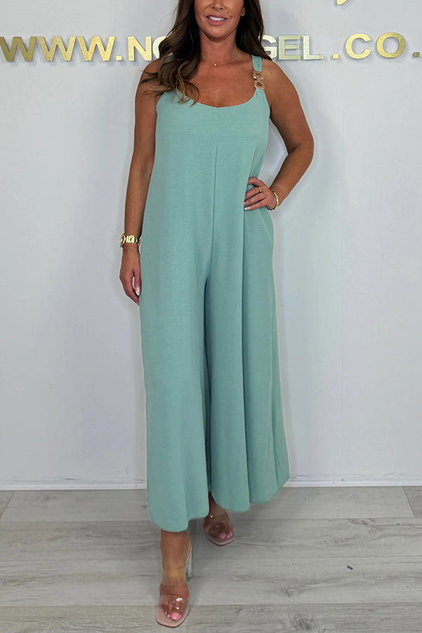 Solid Color Metal Decoration Sleeveless Loose Casual Wide Leg Jumpsuit for Women - Summer Beach Wear, Party Outfit & Vacation Fashion