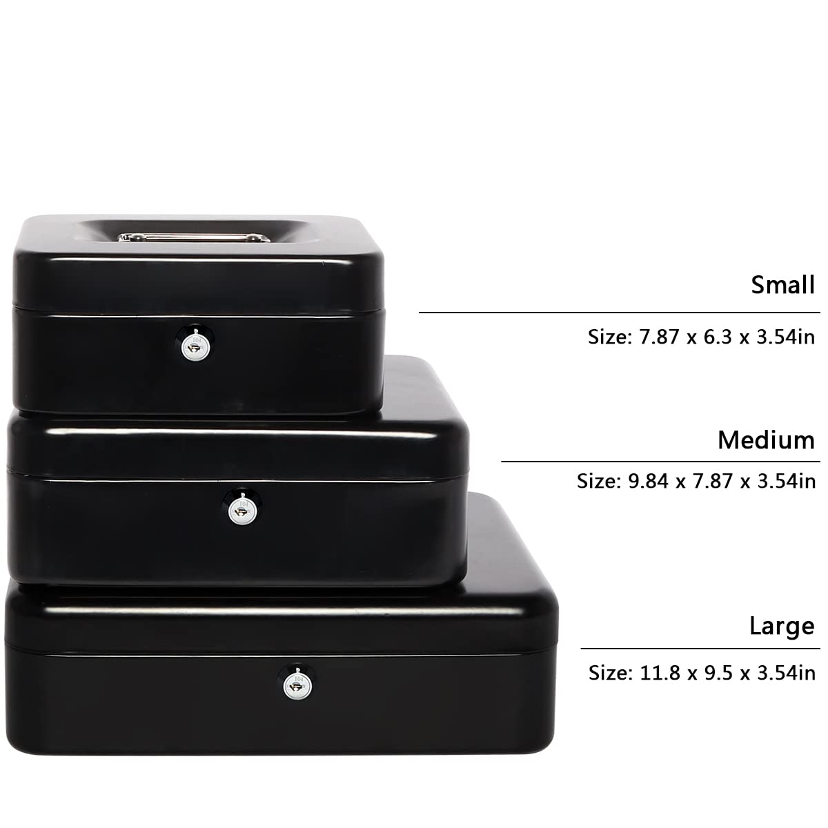 Kasten Large Black Metal Cash Box with Money Tray & Key Lock - 11.8