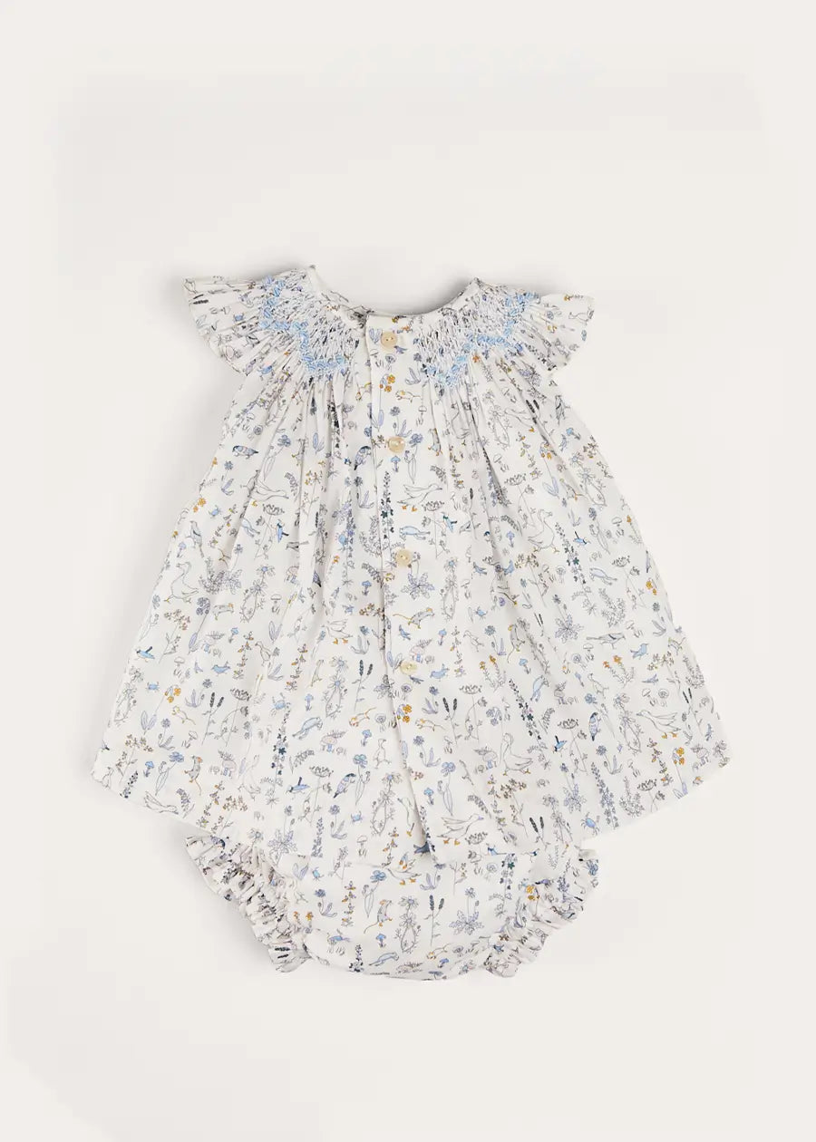 Ellis Sleeveless Dress with Bloomer and Bows in Blue | Liberty Fabric Baby Dress | 12 Months Size | Perfect for Special Occasions & Photo Shoots