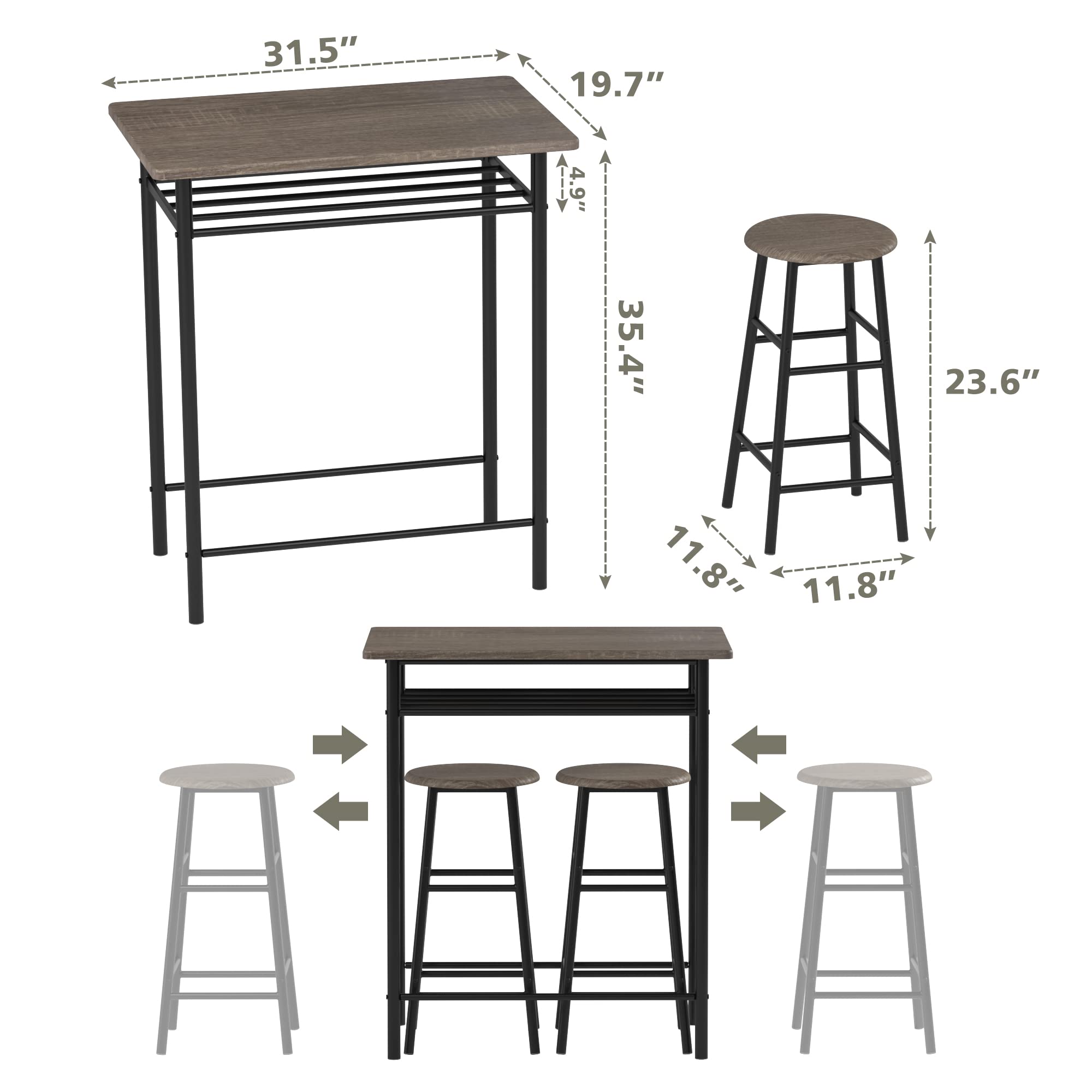 Weehom 2-Piece Bar Table Set with Stools - 36