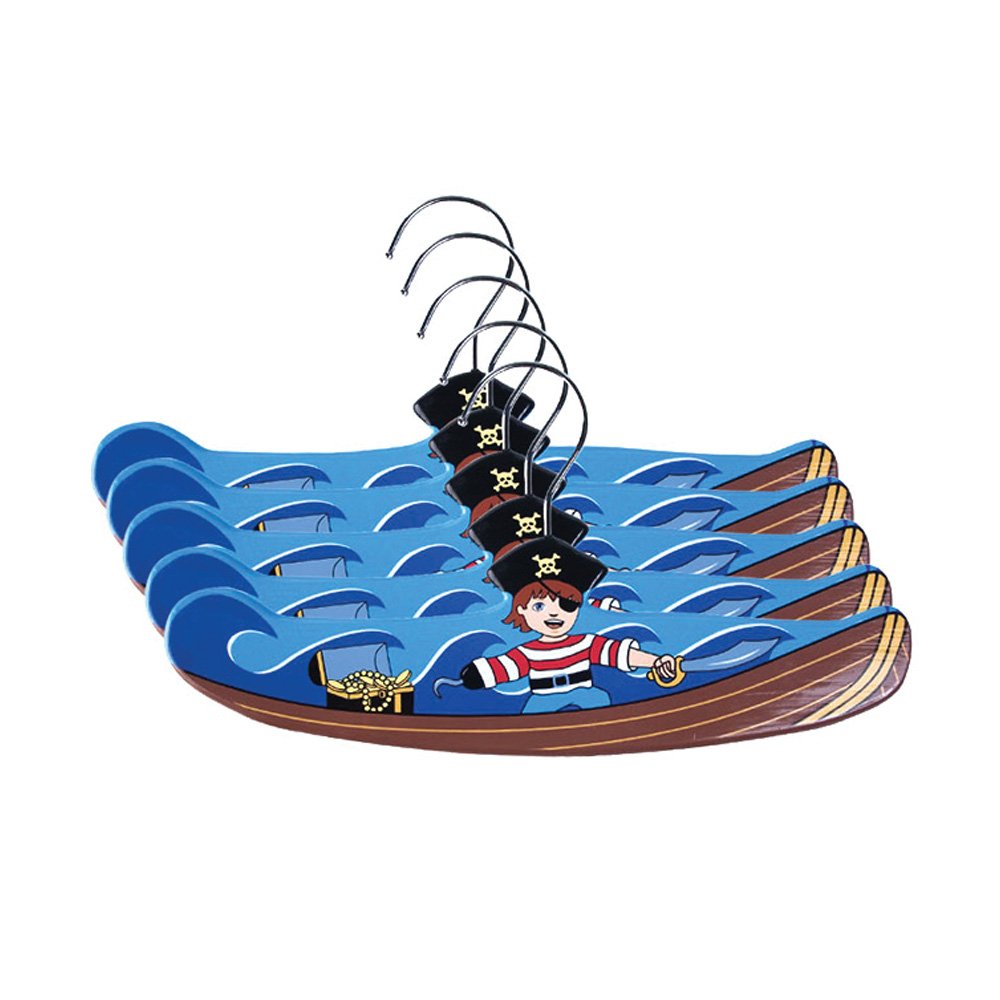 Kidorable Pirate Ship Wooden Hangers for Boys - Handcrafted Brown/Blue Coat Hooks, Set of 5 (12 Inch) - Perfect for Kids Bedroom, Closet Organization & Pirate Themed Decor