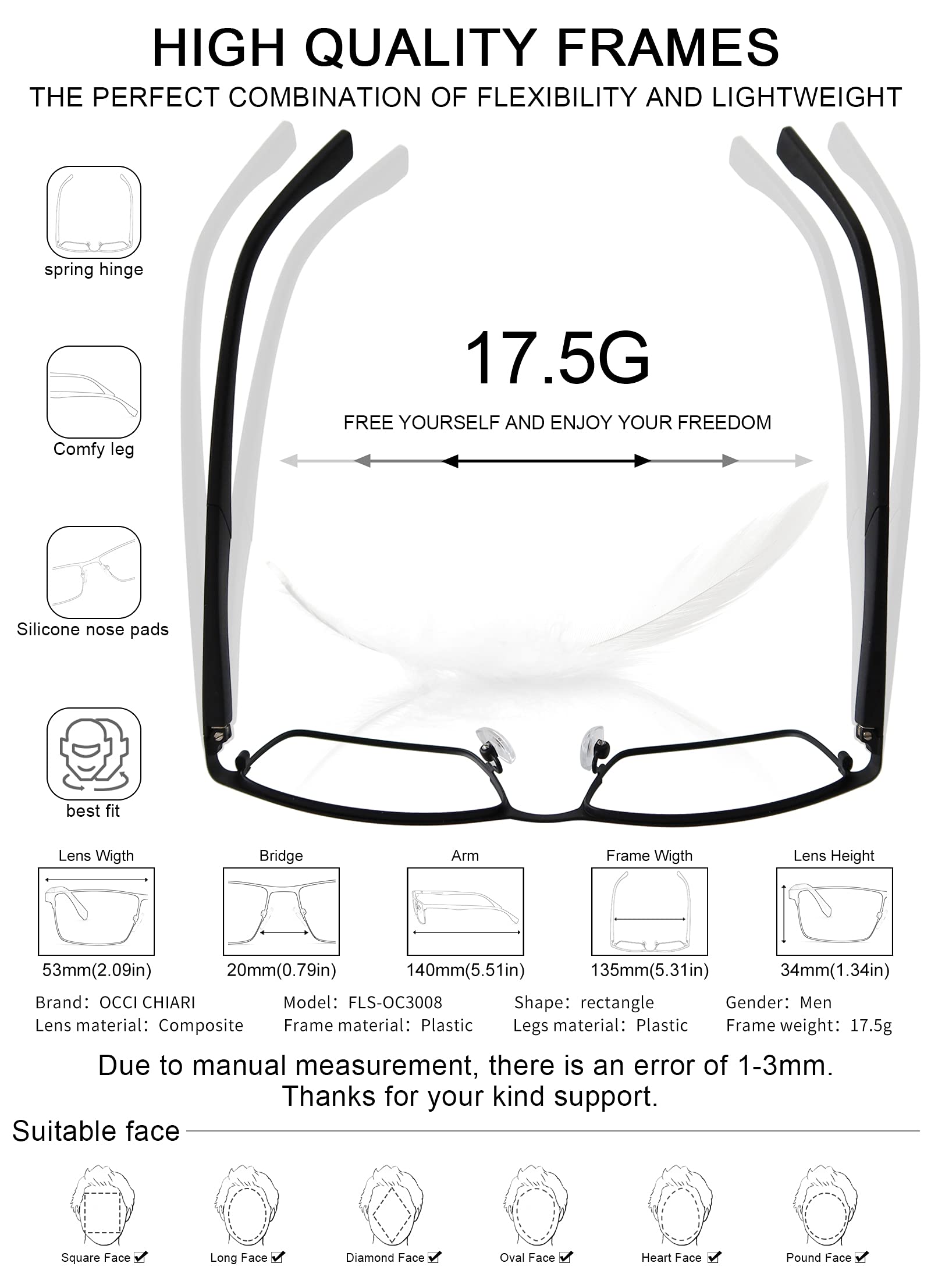 OCCI CHIARI Blue Light Blocking Glasses for Men - Anti Eye Strain Computer & Gaming Glasses with Stylish Black Frame - Perfect for Office Work, Screen Time & Video Games
