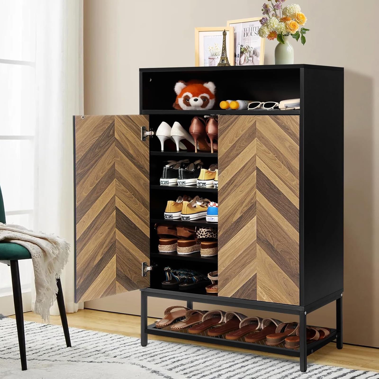 Homdox 7-Tier Shoe Storage Cabinet - Holds 24 Pairs with Doors & 3 Adjustable Shelves, Wooden Shoe Organizer for Entryway, Hallway, Living Room - Perfect for Small Spaces & Home Organization (Black)