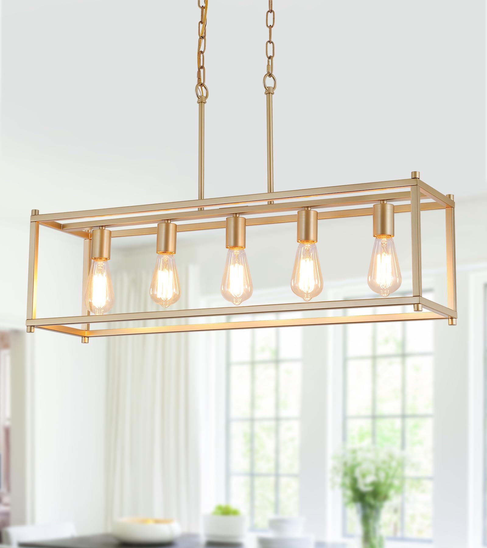 AMZASA 5-Light Gold Rectangular Kitchen Island Chandelier - Modern Industrial Linear Pendant Lighting for Dining Room, Farmhouse & Bar Counter - UL Listed Vintage Cage Light Fixture