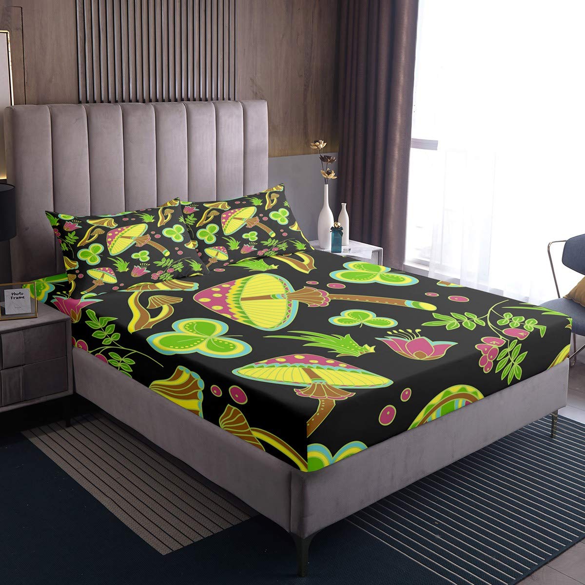 Cartoon Mushroom Queen Size Bedding Set - 3D Printed Umbrella, Luck Grasses & Leaves Design - Ultra Soft Kids Bed Sheets with Deep Pocket Fitted Sheet - Perfect for Boys' Room Decor & Cozy Bedtime