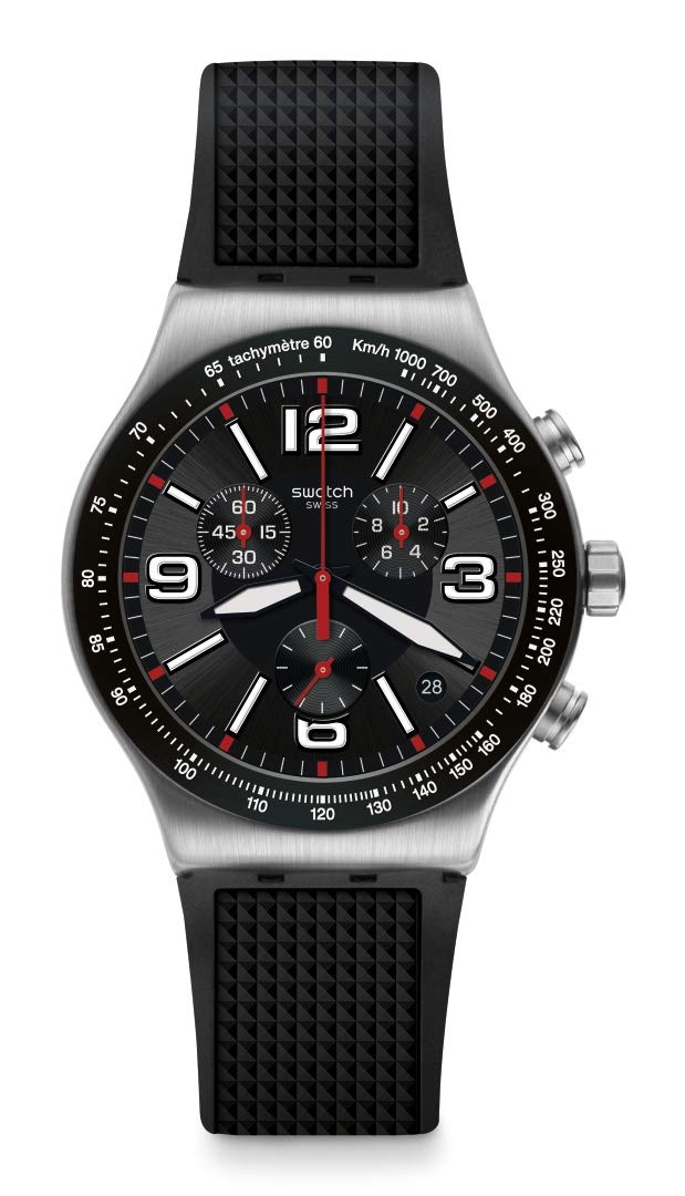 Swatch Irony Stainless Steel Swiss Quartz Watch with Black Rubber Strap - Casual Unisex Timepiece (Model YVS461) for Everyday Wear, Office & Outdoor Activities