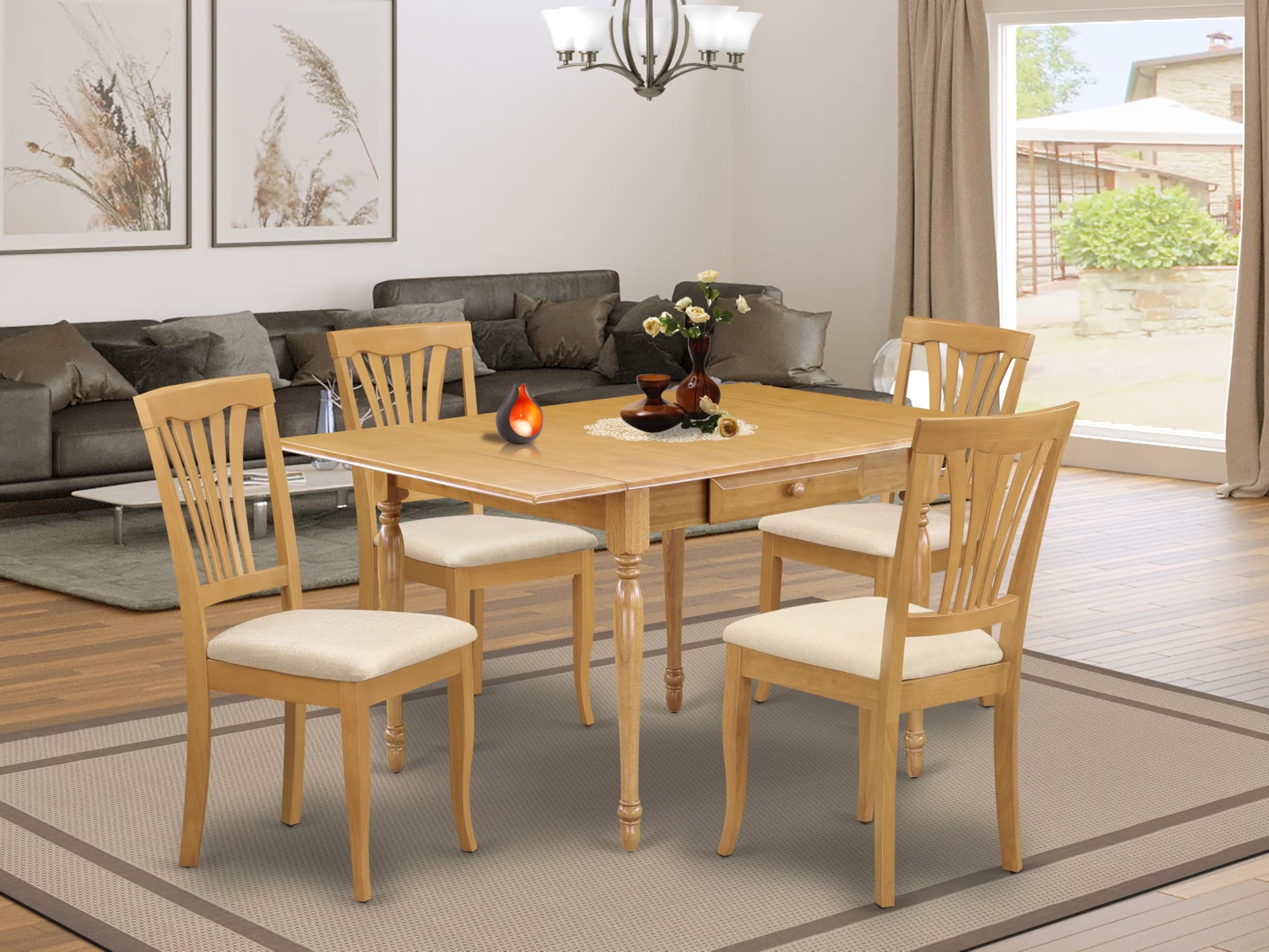 East West Furniture MZAV5-OAK-C 5-Piece Oak Dining Set with Drop-Leaf Table & 4 Fabric Chairs, 36x54 Inch - Perfect for Small Kitchens, Breakfast Nooks & Compact Dining Spaces