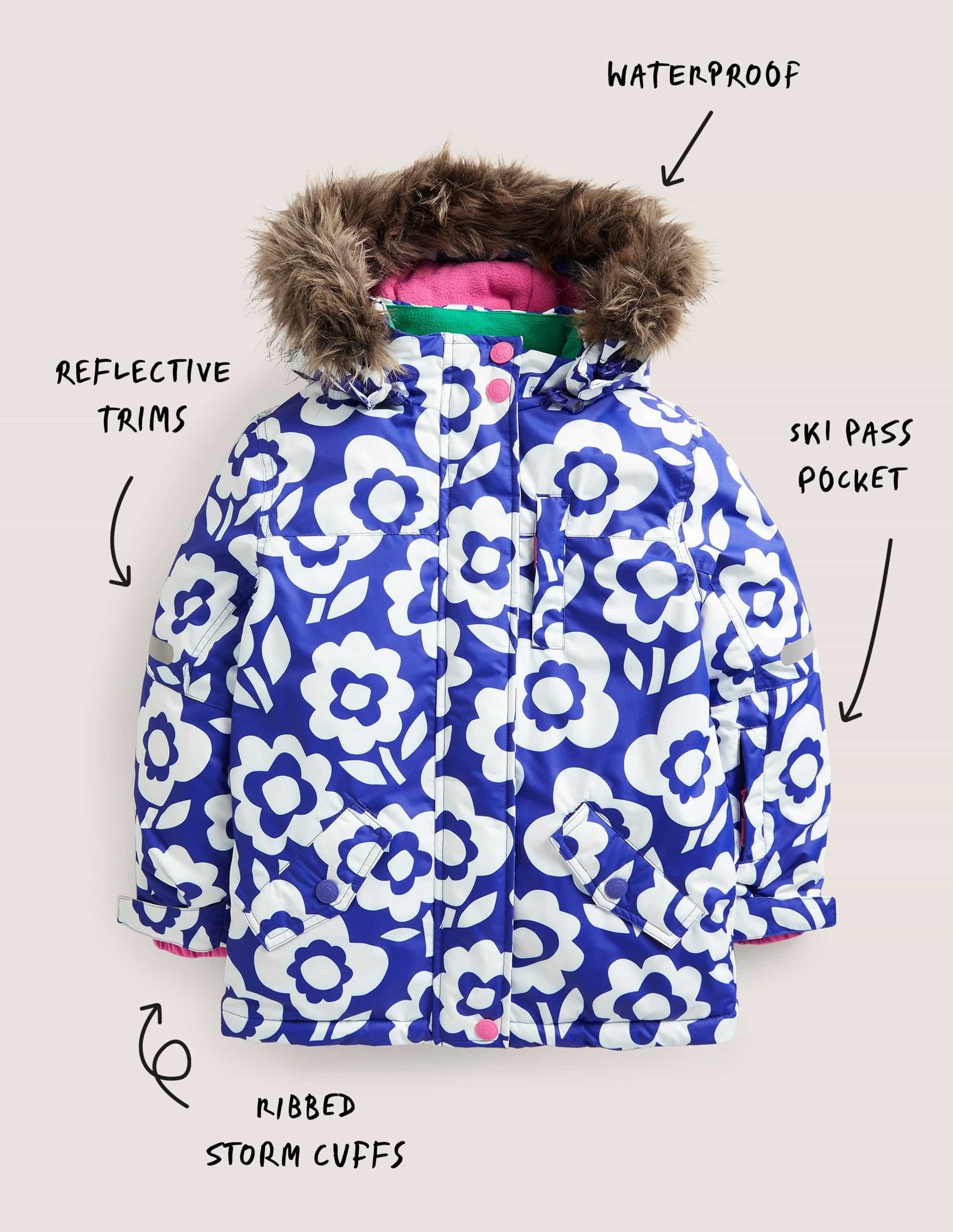 Waterproof All-Weather Jacket for Women - Ivory & Blue Floral Print - Outdoor Hiking, Camping & Rainy Day Wear