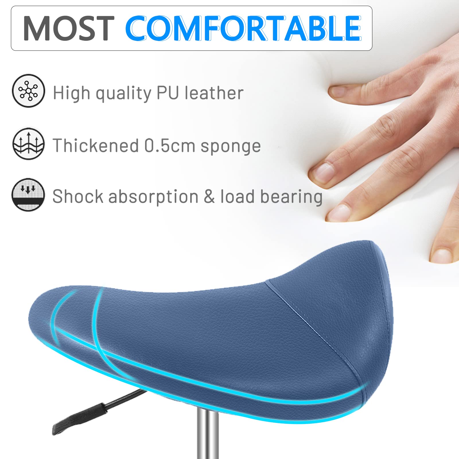 Heavy Duty Rolling Saddle Stool with Wheels - 300 lbs Weight Capacity, Adjustable Height, 360° Swivel & Wide Thick Seat Padding - Perfect for Medical, Massage, Salon, Kitchen, Spa, Drafting & Nail Tech Use (Blue)