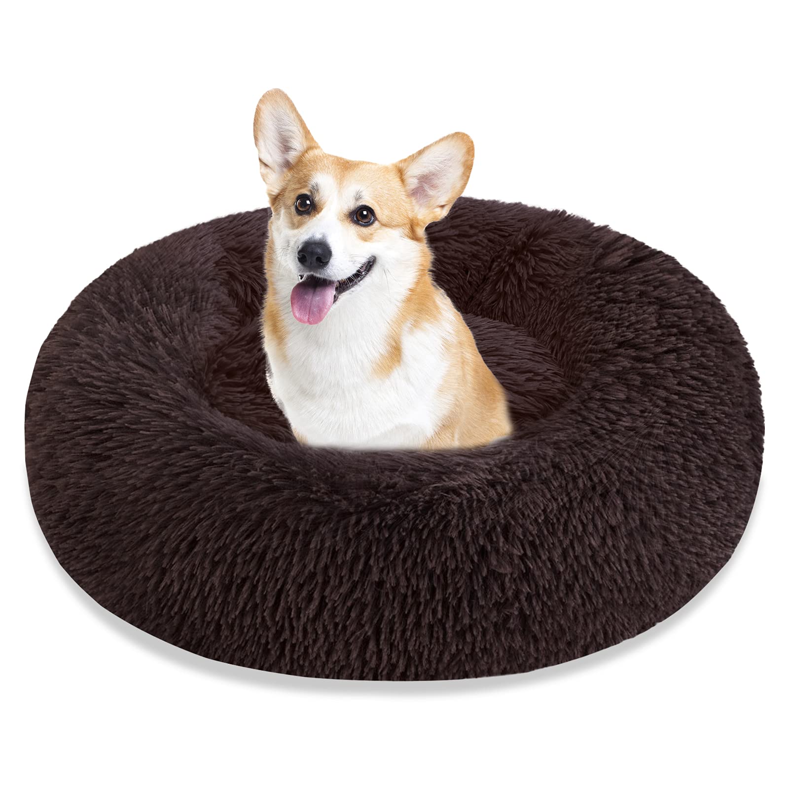 Calming Anti-Anxiety Donut Dog & Cat Bed - Machine Washable Round Pet Bed with Faux Fur Plush for Small, Medium & Large Pets - Perfect for Anxiety Relief, Cuddling & Comfort in Living Rooms or Bedrooms