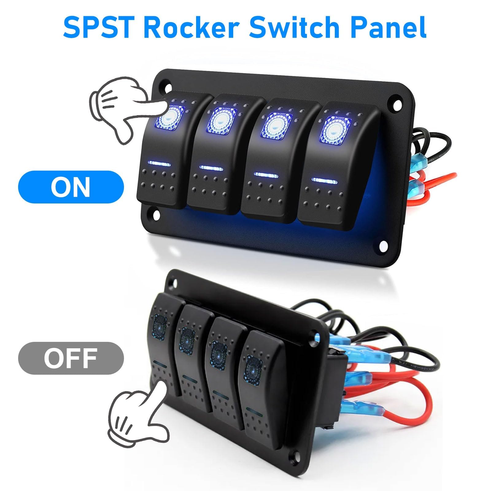 SUNJOYCO 4 Gang Marine Boat Rocker Switch Panel - 12V/24V Waterproof 5 Pin On Off Rocker Switch Panel with Blue LED Light for RV, Marine, Truck, Boat, Car & Vehicles - Perfect for Marine Electrical Systems & Automotive Dashboards