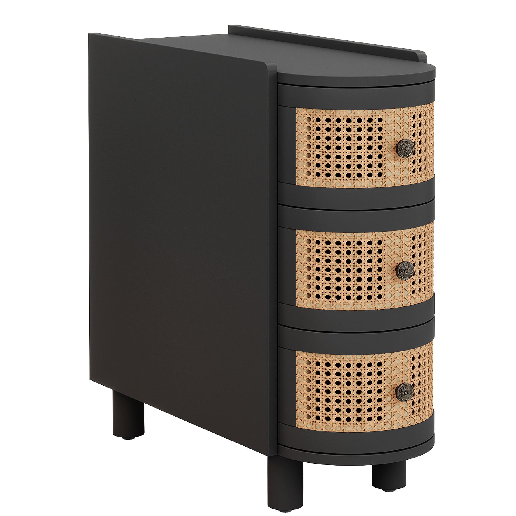 Modern Wooden End Table with 3 Rattan Drawers - Nightstand, Side Table for Bedroom, Living Room | Perfect for Small Spaces, Apartment Decor & Storage Solutions