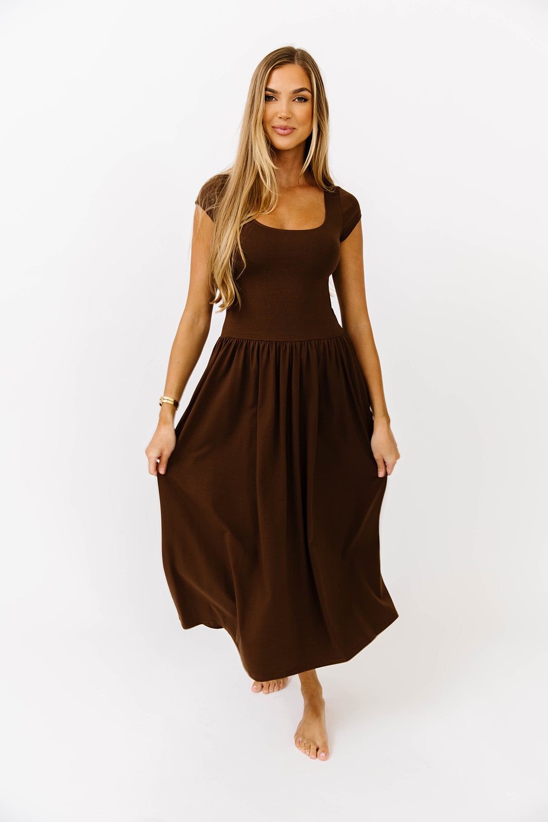 Larissa Cap Sleeve Midi Dress - Women's Brown Flowy Summer Dress for Casual Wear, Office, and Date Night | Comfortable & Stylish Outfit