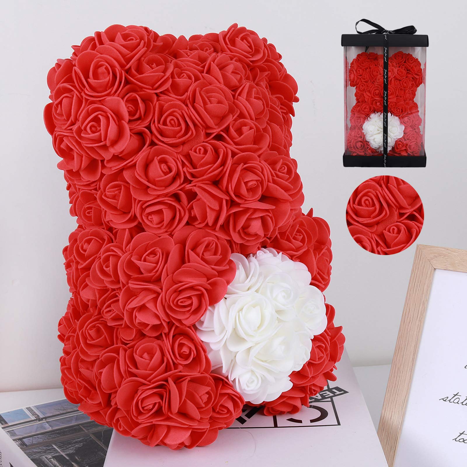 Rose Bear Gift for Women - 10 Inch Floral Teddy Bear with Clear Gift Box, Unique Birthday Present for Her, Mom, Girlfriend - Perfect for Valentine's Day, Anniversary & Romantic Surprises (Red)