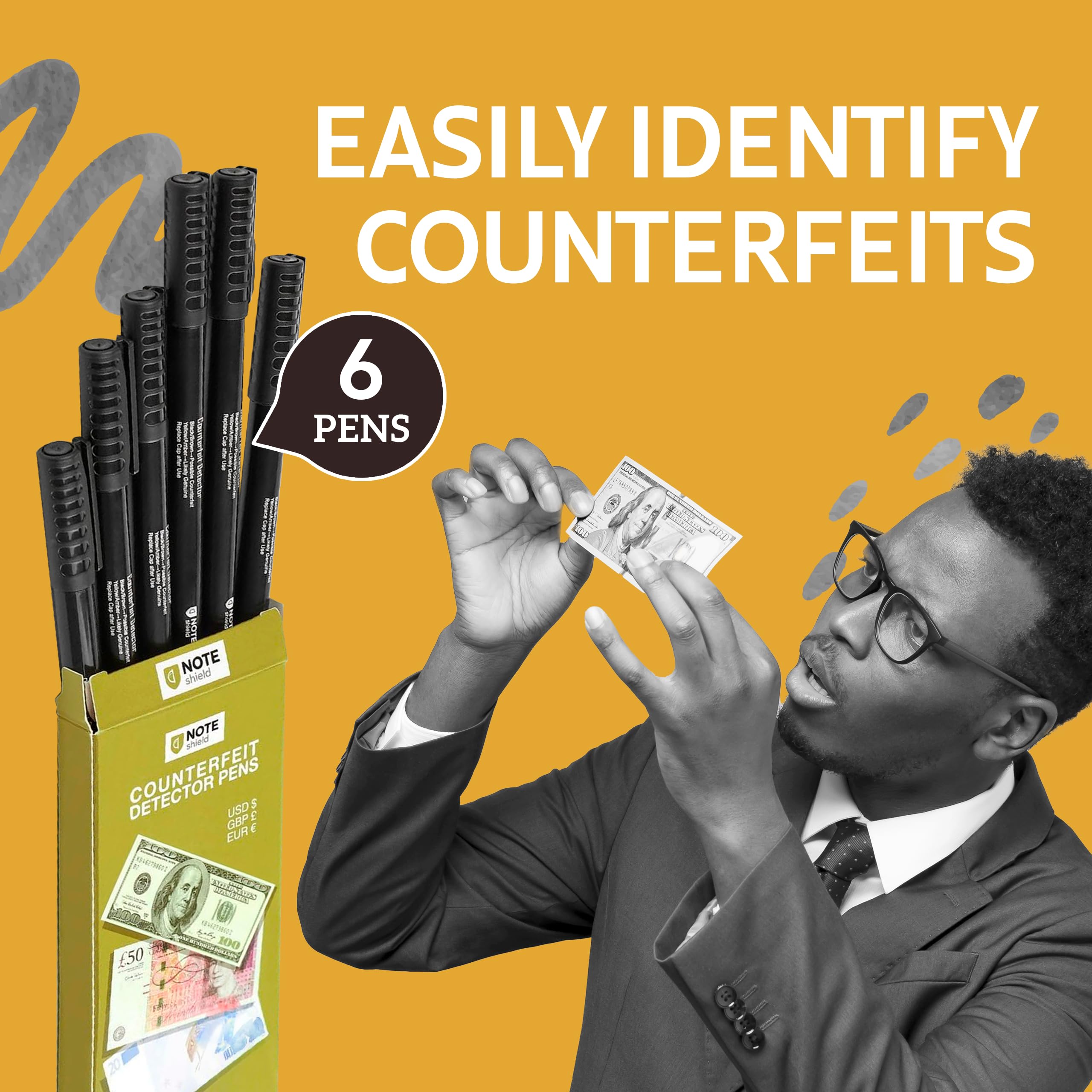 6-Pack Counterfeit Money Detector Pens - UV Light & Ink Test for Fake Bills, Banknotes, Currency - Ideal for Cashiers, Retailers & Small Businesses (Detect Counterfeit Money Easily)