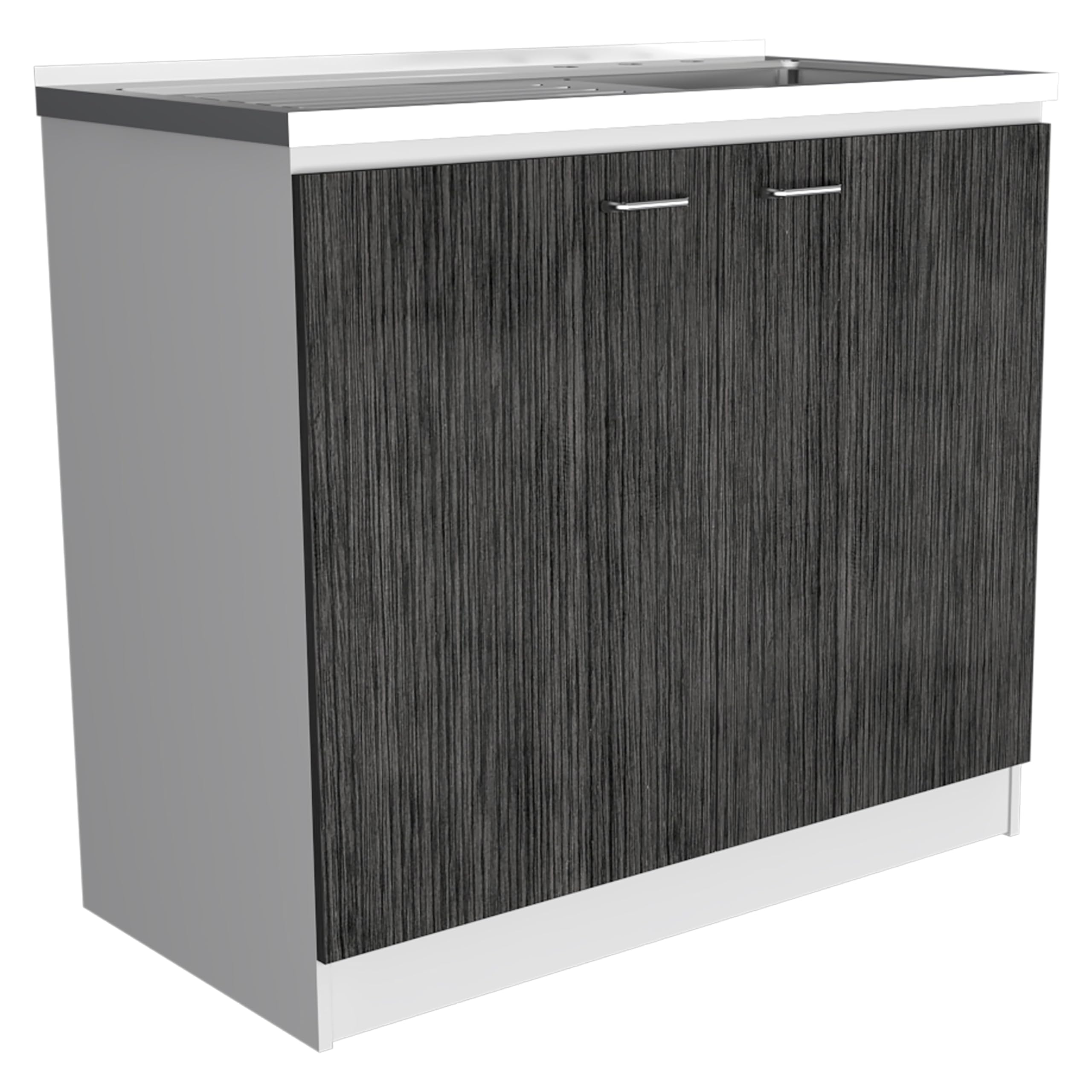 Tuhome Napoles Utility Sink with Cabinet - White/Smokey Oak Double Door Bathroom Vanity with Shelf for Laundry Room, Basement & Garage Storage