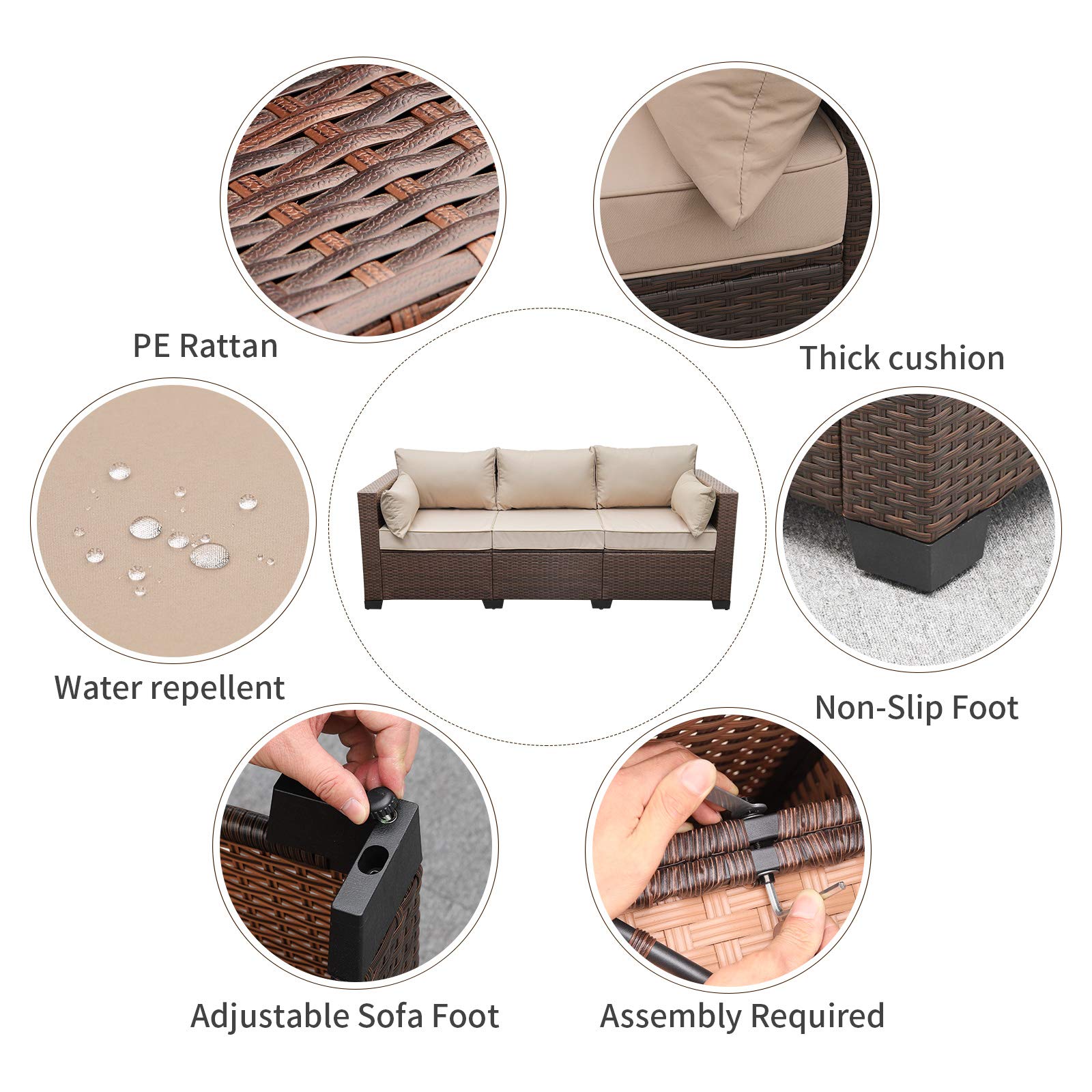 WAROOM 3-Seat PE Wicker Patio Sofa Set - Brown Rattan Outdoor Deep Seating Furniture with Non-Slip Beige Cushions | Perfect for Poolside, Garden, Deck & Backyard Relaxation