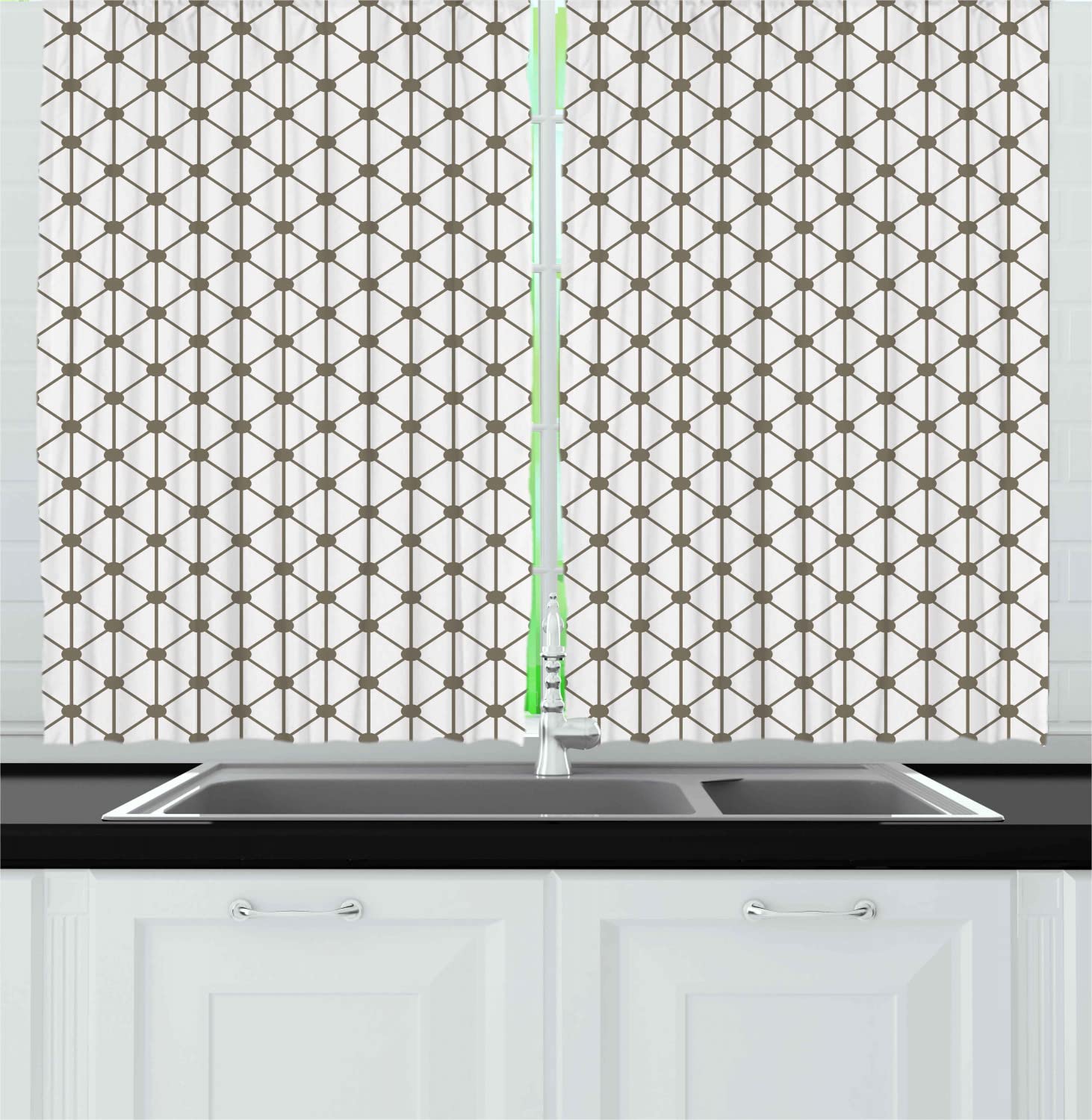 Ambesonne Modern Long Kitchen Curtains - Geometric Diamond Square Striped Cross Dot Print Window Drapes with Rod Pocket, 55x45 Inches, Sage Green & White - Perfect for Farmhouse, Cottage & Contemporary Home Decor