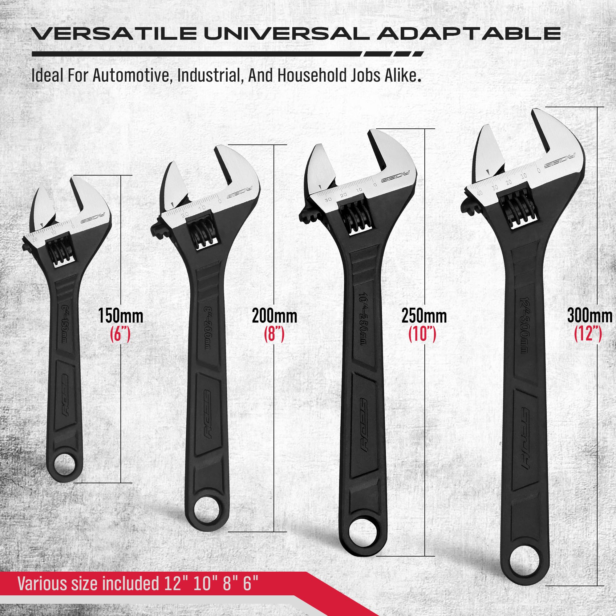 4-Piece Adjustable Wrench Set (6/8/10/12 Inch) - Chrome Vanadium Steel with Black Oxide Finish - Corrosion Resistant Tools for Automotive Repair, Plumbing & Home Maintenance - Perfect for Mechanics, DIY Projects & Household Fixes