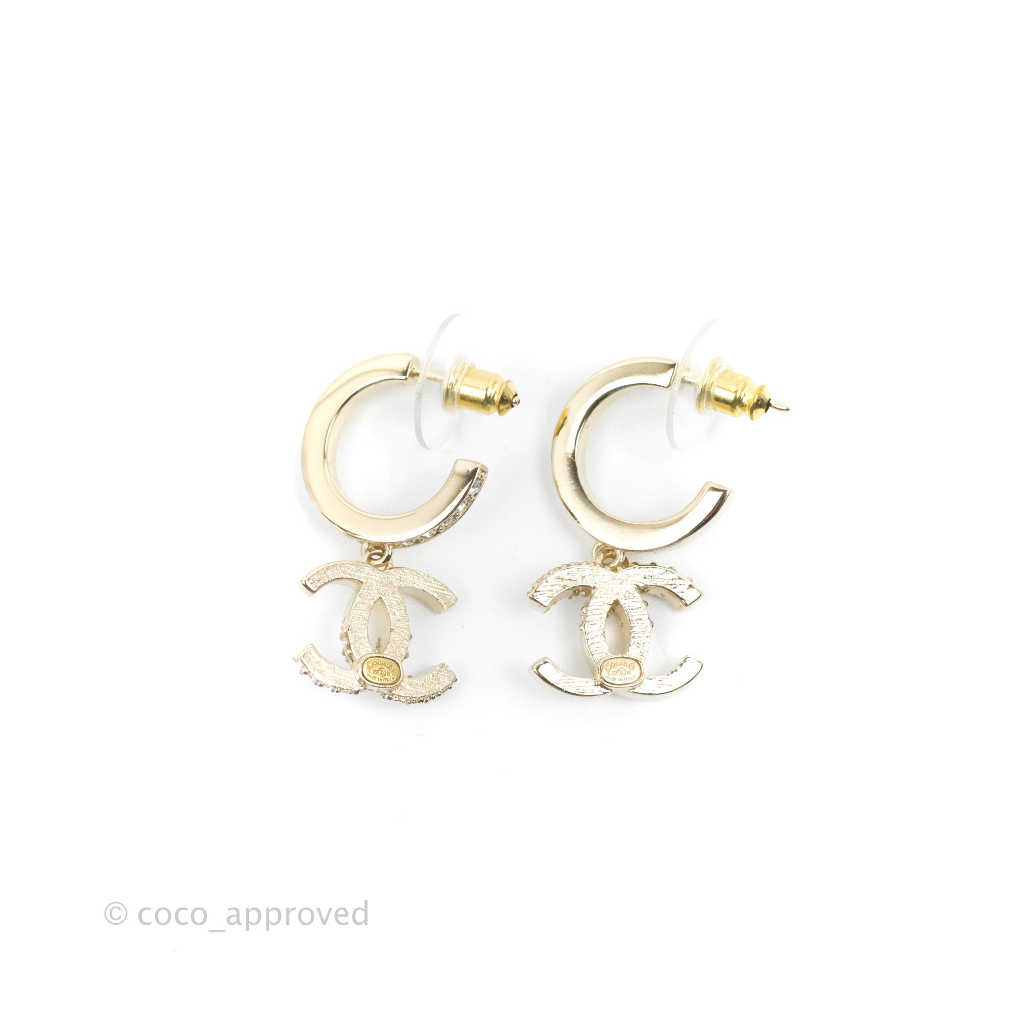 Chanel CC Crystal Hoop Earrings 22K Gold Tone Luxury Fashion Jewelry - Perfect for Parties, Weddings & Special Occasions