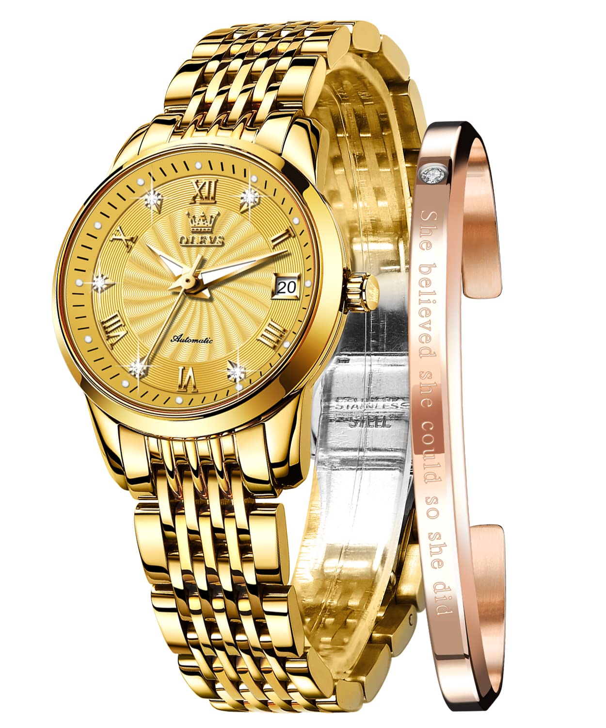 OLEVS Women's Automatic Diamond Dress Watch - Stainless Steel Self-Winding Mechanical Watch with Luminous Hands, Waterproof, Elegant Gift Set for Women | Perfect for Business, Evening Events & Special Occasions