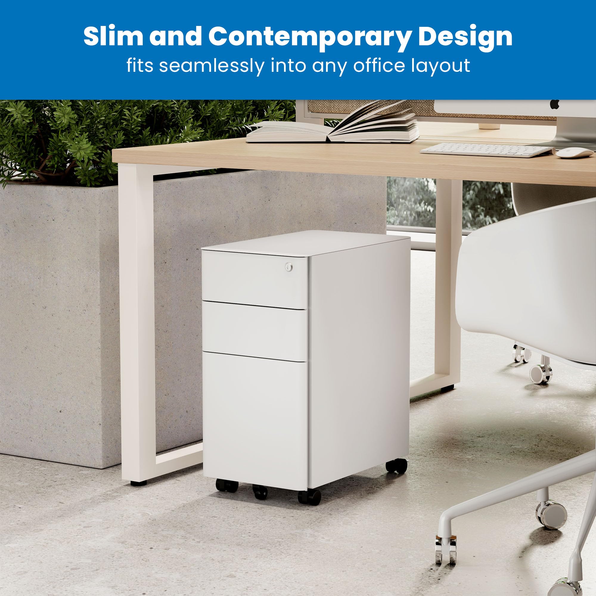 Mount-It! Slim Rolling Under Desk Cabinet - 3-Drawer Mobile File Storage with Lock for Home & Office Organization - White - Perfect for Small Spaces & Clutter-Free Workspaces