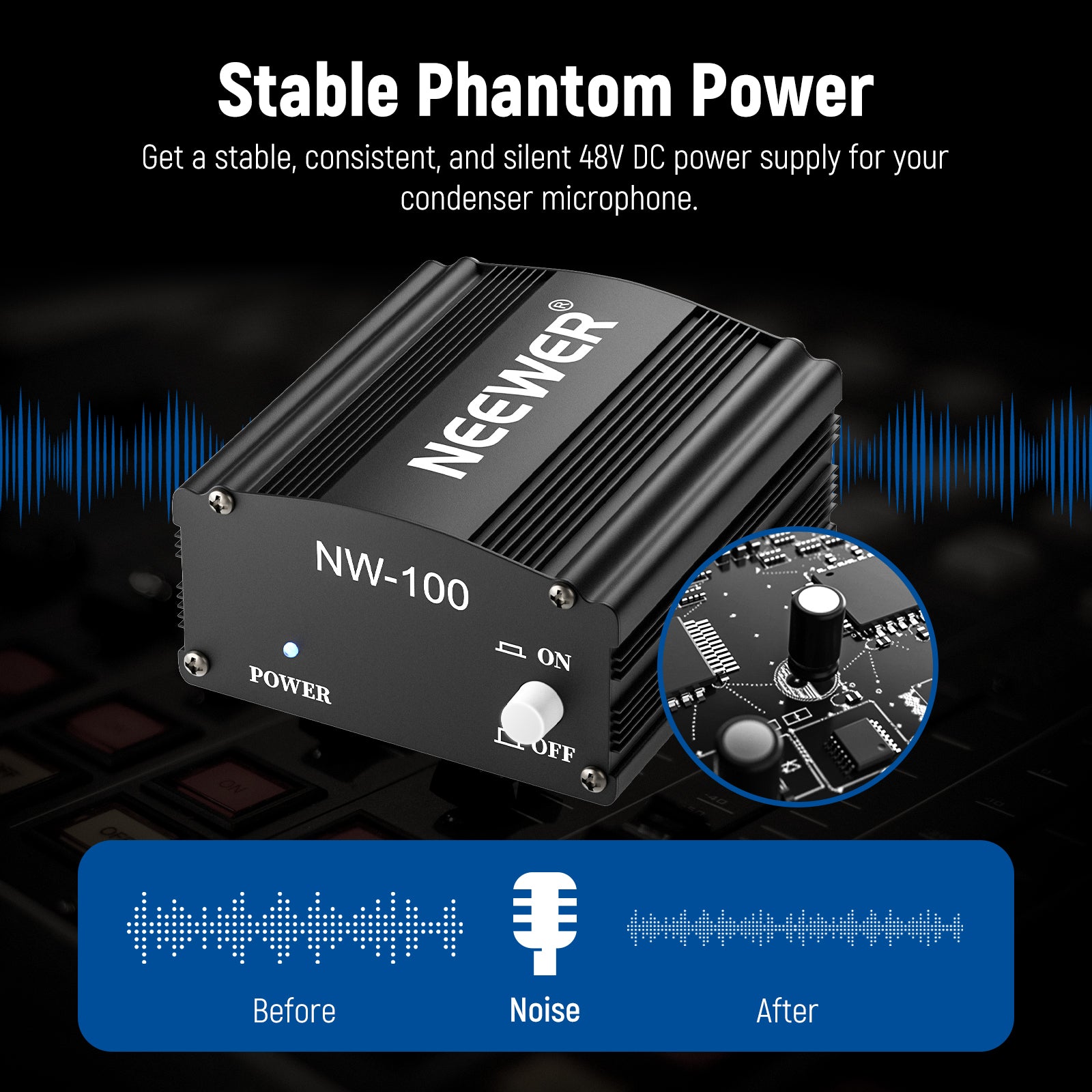 NEEWER NW 100 48V Phantom Power Supply with Adapter for Condenser Microphones - Professional Studio Recording & Live Performance Audio Equipment