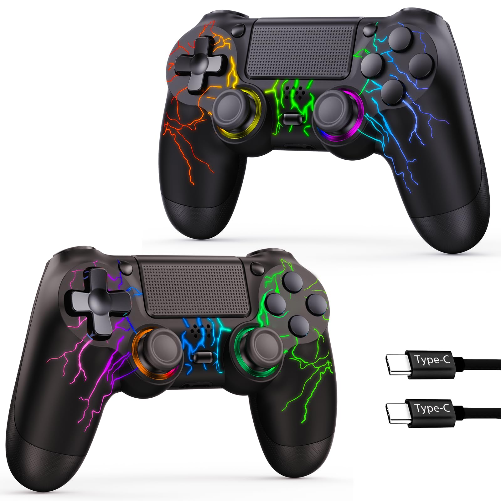 PS4 Wireless Controller 2-Pack - RGB LED, Hall Effect Joystick, Dual Vibration for Gaming on PS4/Slim/Pro/PC