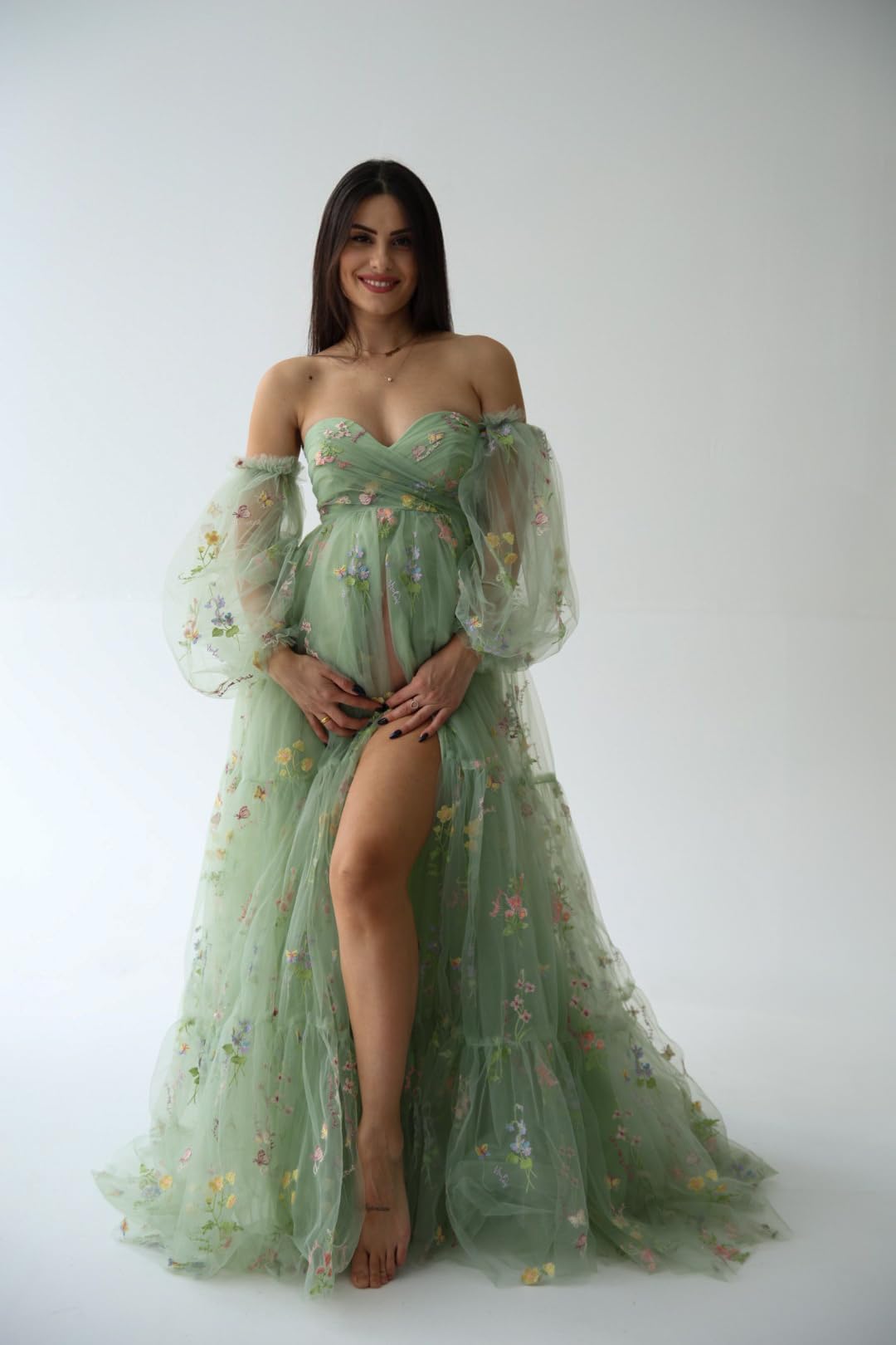 Elegant Flower Embroidery Tulle Maternity Robe - Puffy Sleeve Bridal Lingerie Dress for Baby Shower, Photoshoot & Pregnancy Photos - Soft Long Dress for Special Occasions