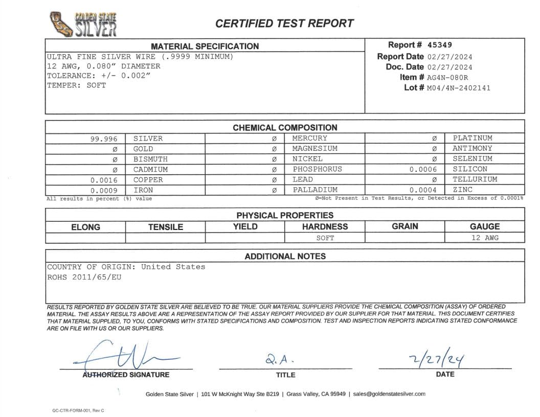 99.995% Pure Silver Wire 12 Gauge (48-inch Coil, 4 Feet) | Made in USA | .99995+ Purity Certified by Golden State Silver | Includes Lab Test Report | Perfect for Colloidal Silver Generators, Jewelry Making & Electrical Applications