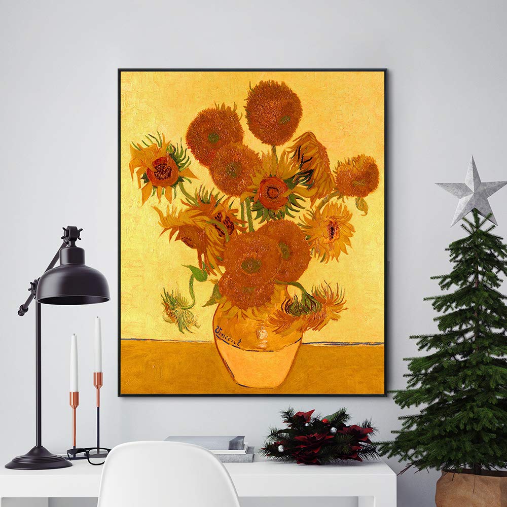 INVIN ART 100% Hand Painted Framed Canvas Wall Art - Vincent Van Gogh Fifteen Sunflowers Oil Painting Reproduction, Modern Home Decor (Black Slim Frame, 24x32 Inches) for Living Room, Bedroom & Office Decor