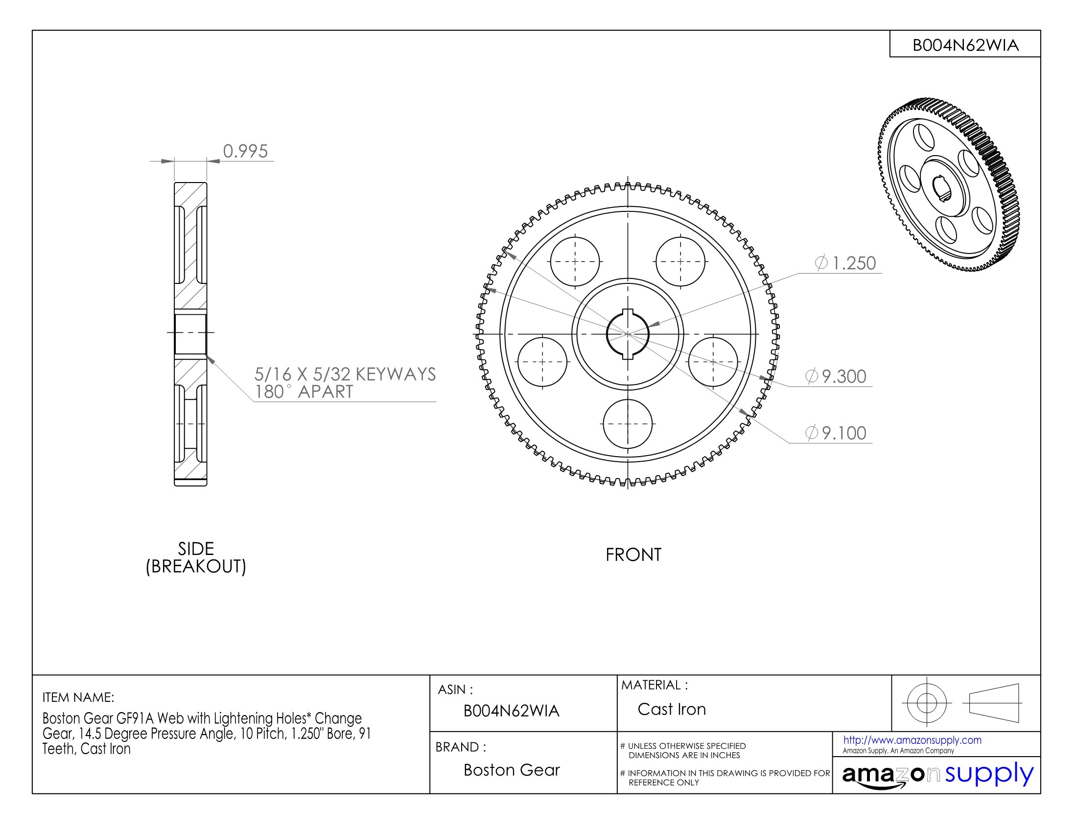 GF91A Lightweight Cast Iron Gear - 14.5° Pressure Angle, 10 Pitch, 1.25