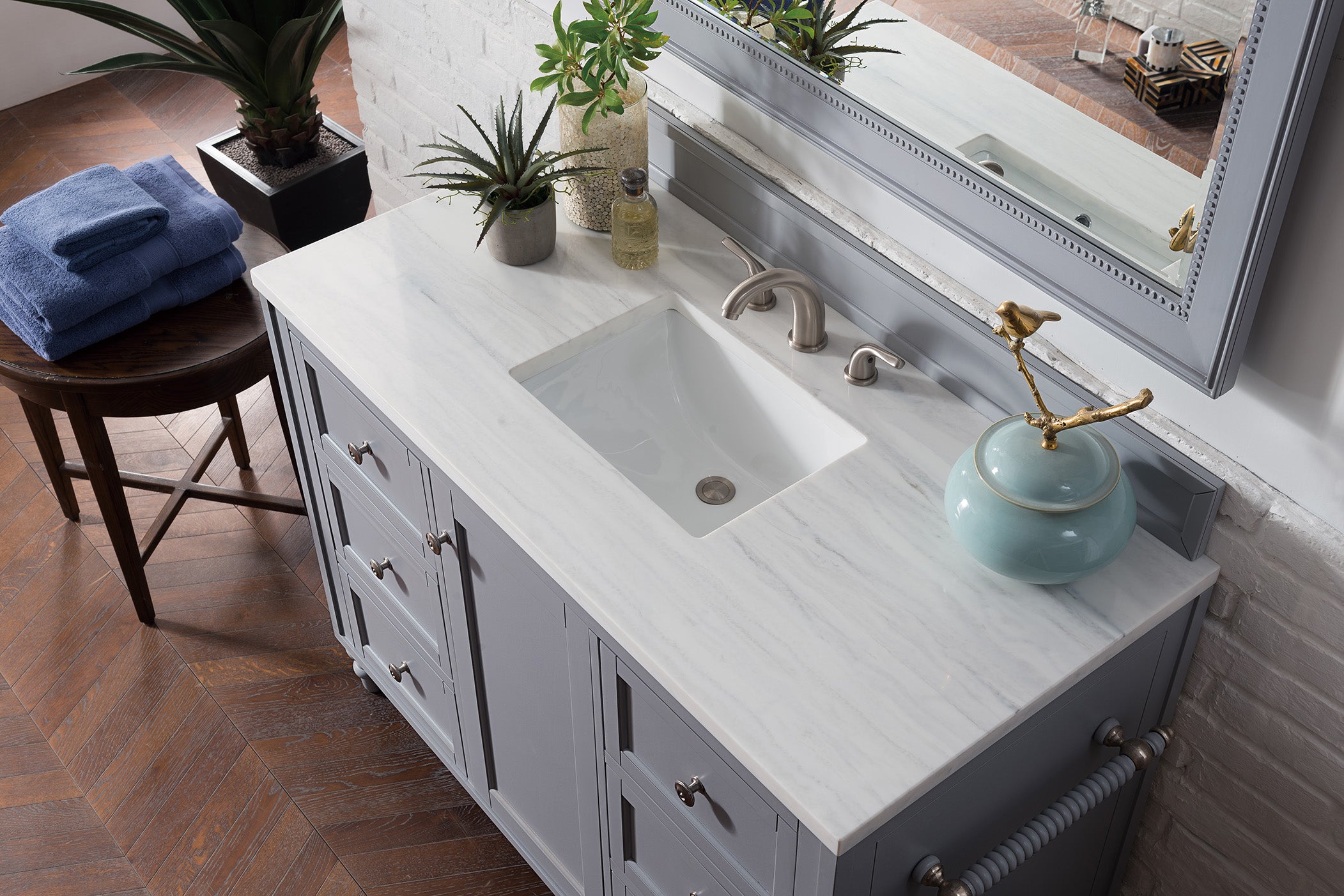 Copper Cove Encore 48 Inch Single Bathroom Vanity with 3CM Arctic Fall Solid Surface Top in Silver Gray - Perfect for Modern Home Bathroom Renovation and Space-Saving Design