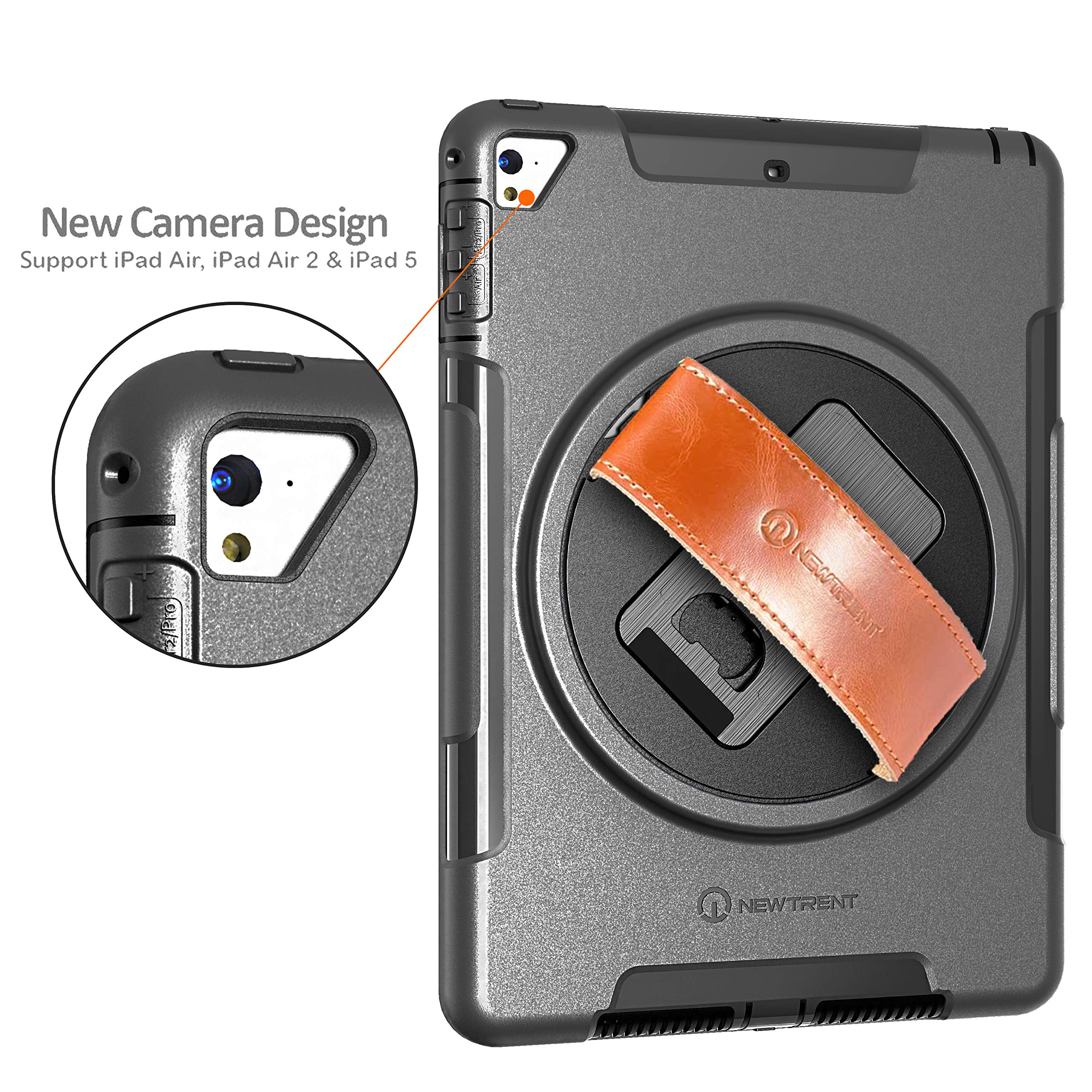 Shockproof iPad Case for iPad 5th/6th Gen, iPad Air 2 & iPad Pro 9.7 - Full Body Protection with Rotating Stand, Built-in Screen Protector & Premium Leather Hand Strap - Heavy Duty Protective Cover for Work, Travel & School Use