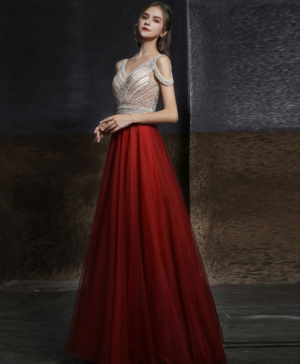 Elegant Burgundy V-Neck Beaded Long Prom Dress for Women | Formal Graduation Gown with Beading Details | Perfect for Evening Parties, Homecoming & Special Occasions