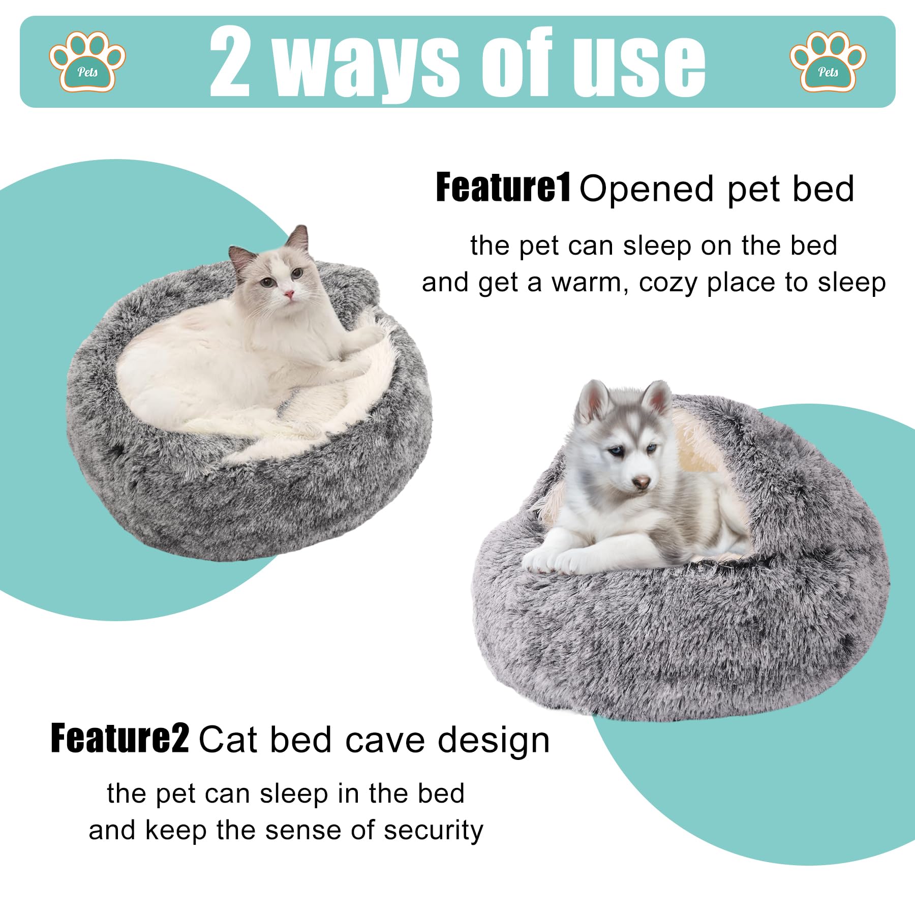 Round Hooded Dog & Cat Cave Bed - Plush Faux Fur Self-Warming Pet Bed with Removable Washable Cover - Cozy Burrowing Donut Bed for Puppies & Kittens - Perfect for Indoor Comfort, Winter Warmth & Anxiety Relief