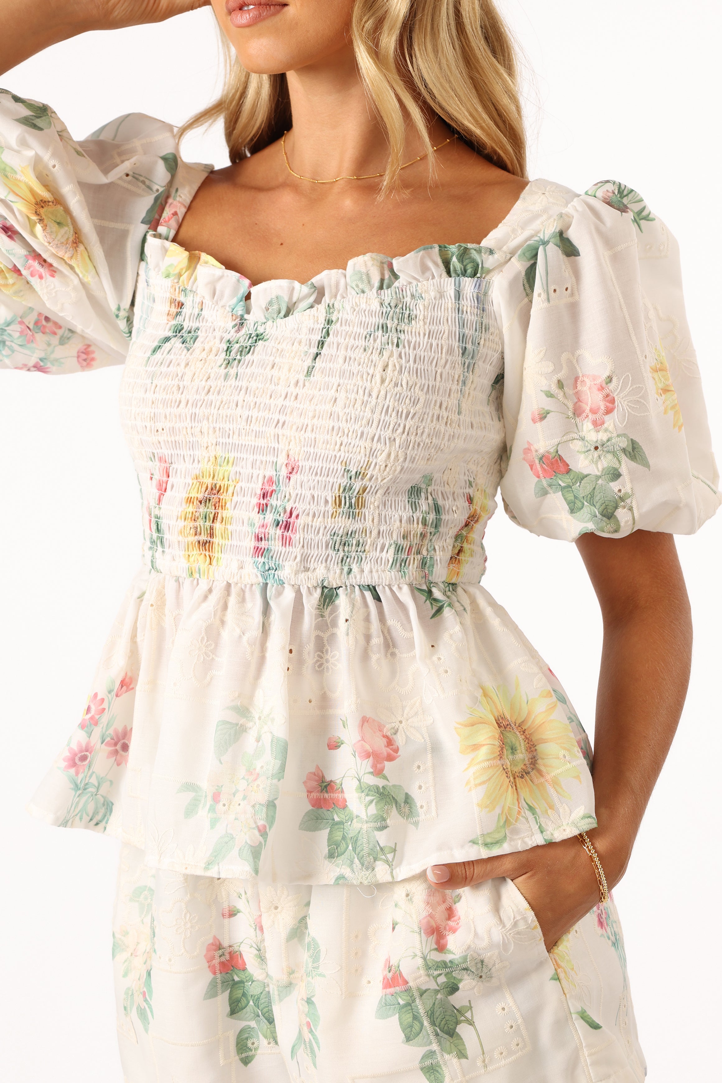 Amalie Top - White Floral Embroidered Blouse for Women | Elegant Summer Tops for Casual Wear & Date Nights