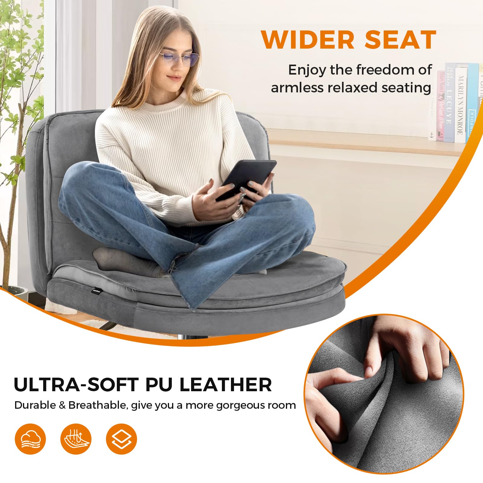 Criss Cross Legged Office Chair with Wheels - Armless Swivel Desk Chair, Wide Seat & Height Adjustable Mid Back - Perfect for Home Office, Computer Work & Vanity Desks
