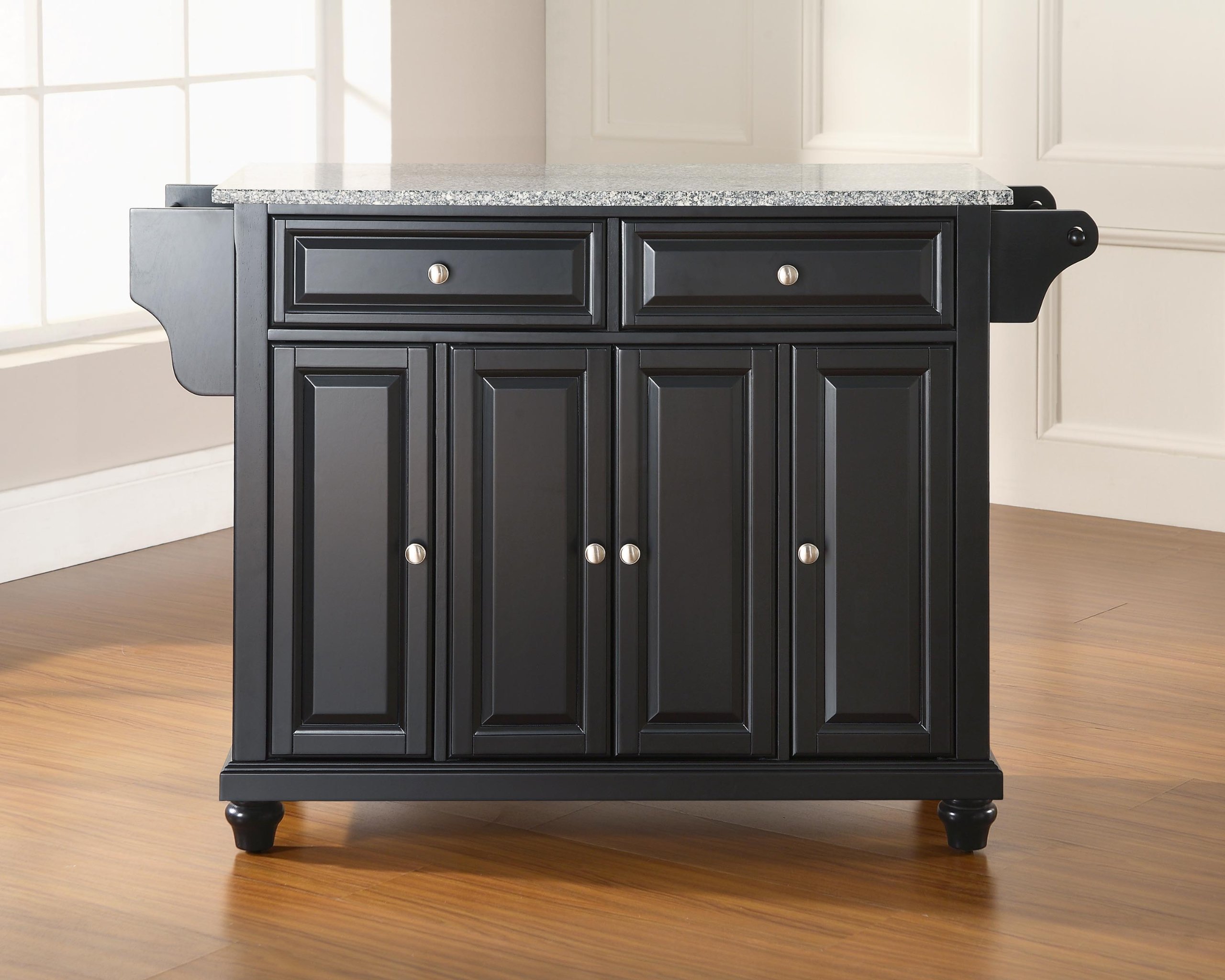 Crosley Cambridge Granite Top Rolling Kitchen Island Cart with Storage - Microwave Stand & Spice Rack - Black - Perfect for Small Kitchens, Pantry Organization & Extra Counter Space