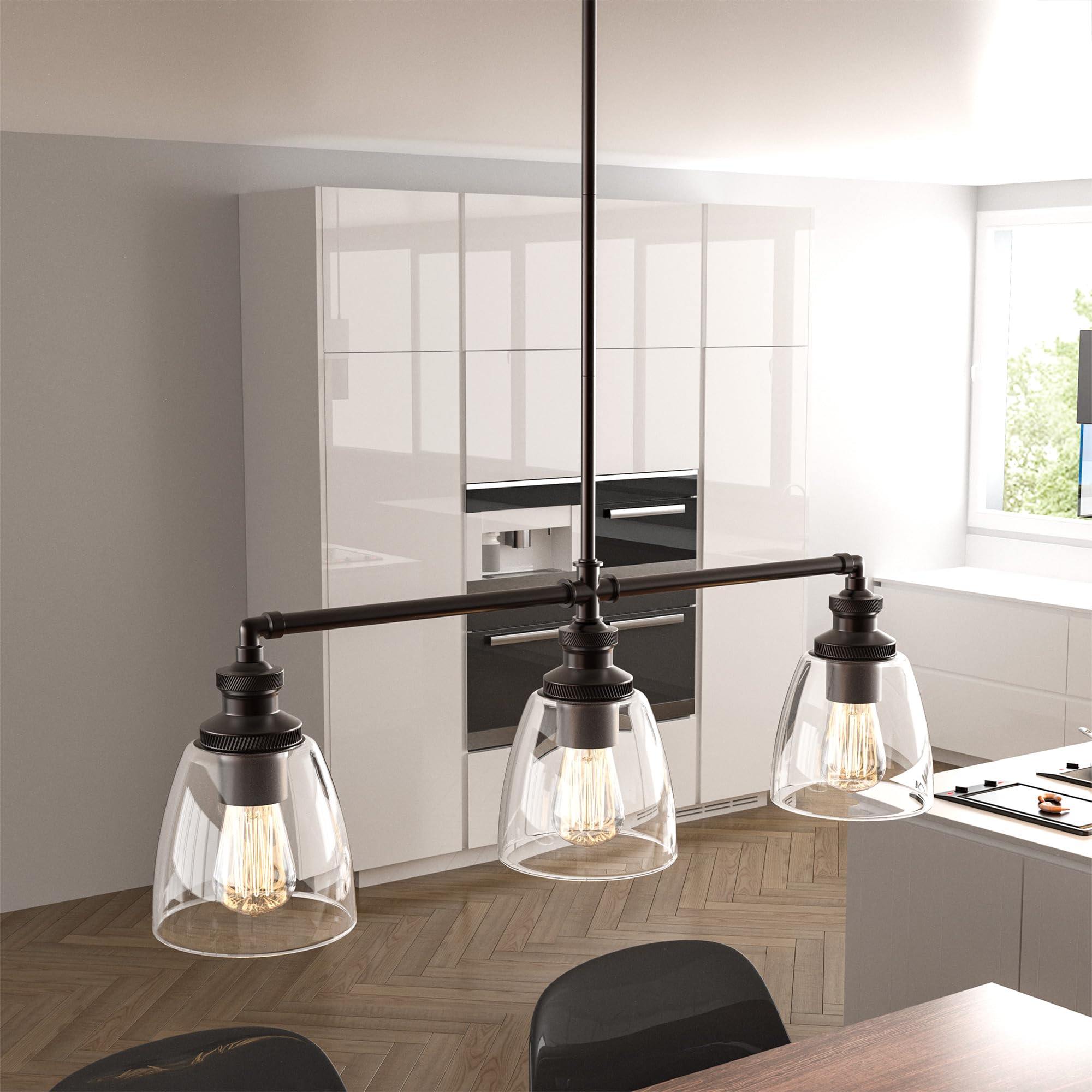 LEDMyplace 3-Light Linear Pendant Lighting Fixture - Bell Shaped Clear Glass Shade with Oil Rubbed Bronze Finish - Farmhouse & Modern Home Decor for Kitchen Island, Dining Room, Bedroom, Living Room, Hallway - E26 Base (Bulbs Not Included)