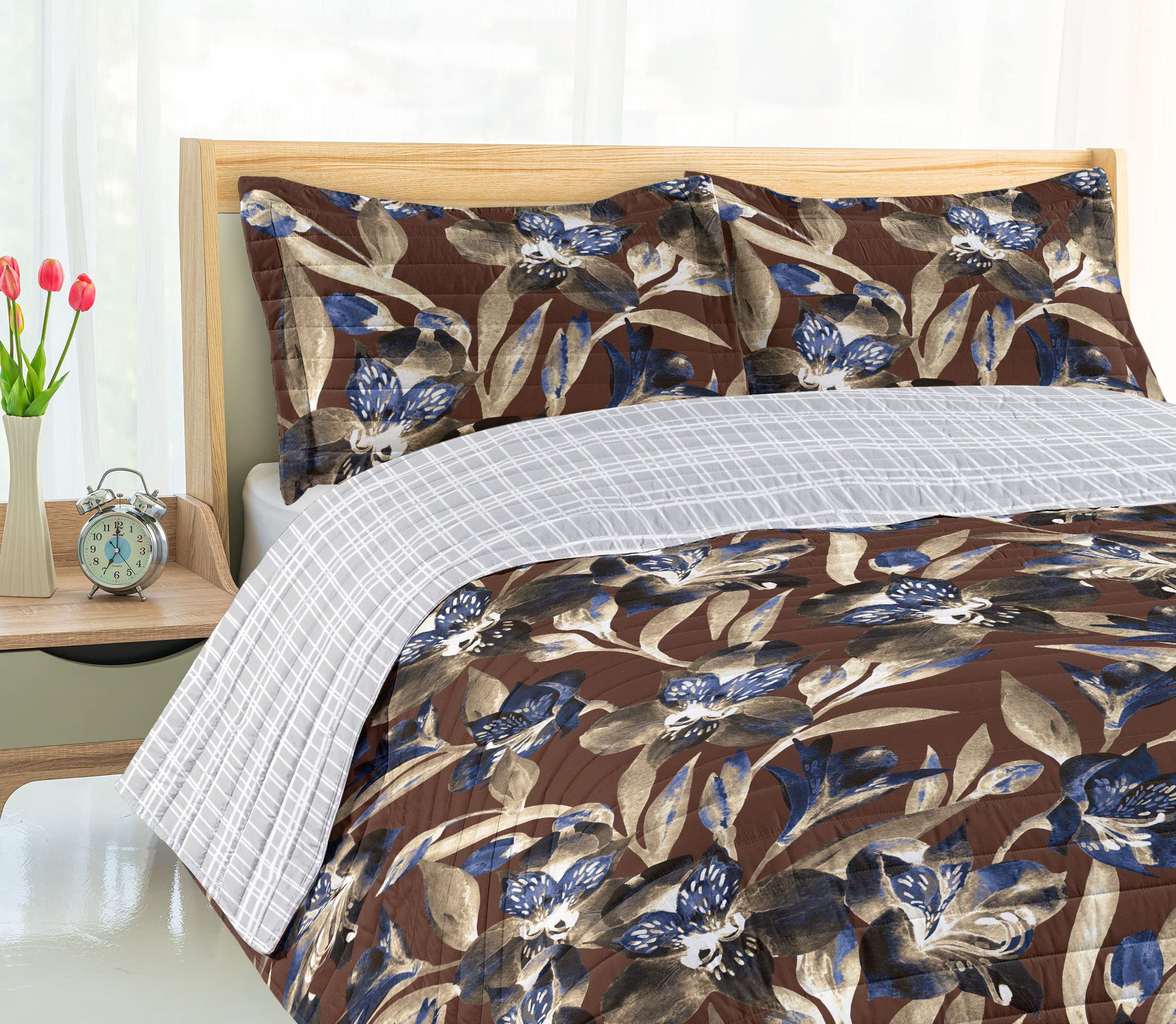Ambesonne Reversible Queen Size Bedspread Set - Tropical Jungle Butterfly Design, Microfiber Comforter & Pillow Shams in Umber Sepia | Perfect for Spring Bedroom Decor, Guest Room Makeover & Boho Chic Home Styling