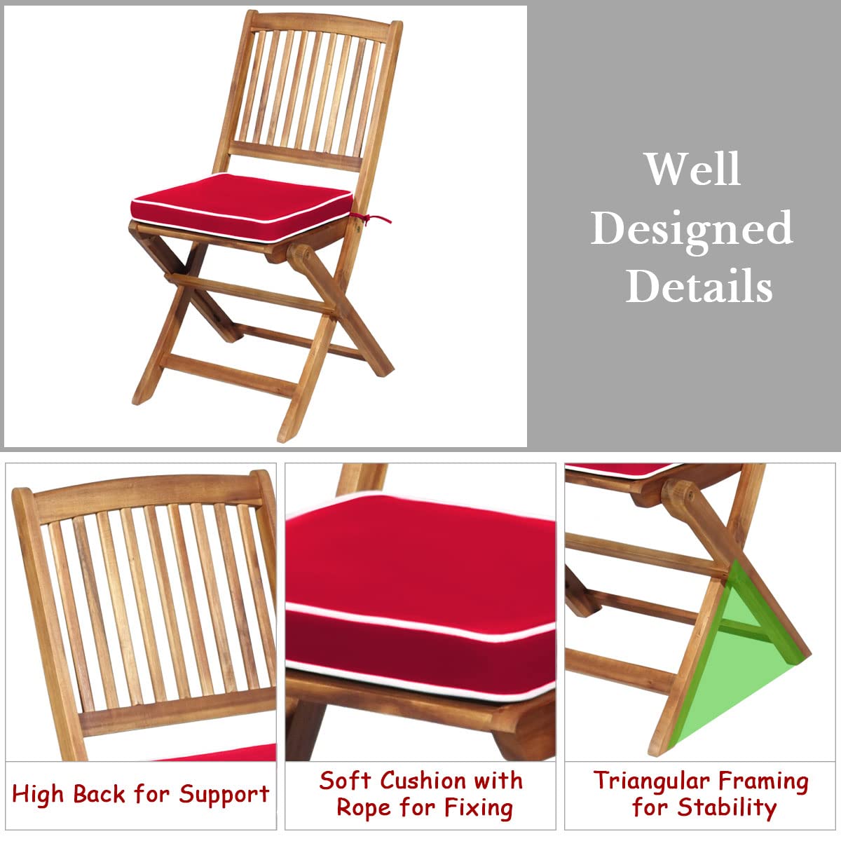 Tangkula 3-Piece Patio Folding Bistro Set - Acacia Wood Outdoor Dining Chairs with Padded Cushions & Round Coffee Table - Perfect for Garden, Poolside, Balcony, and Indoor Use (Red)