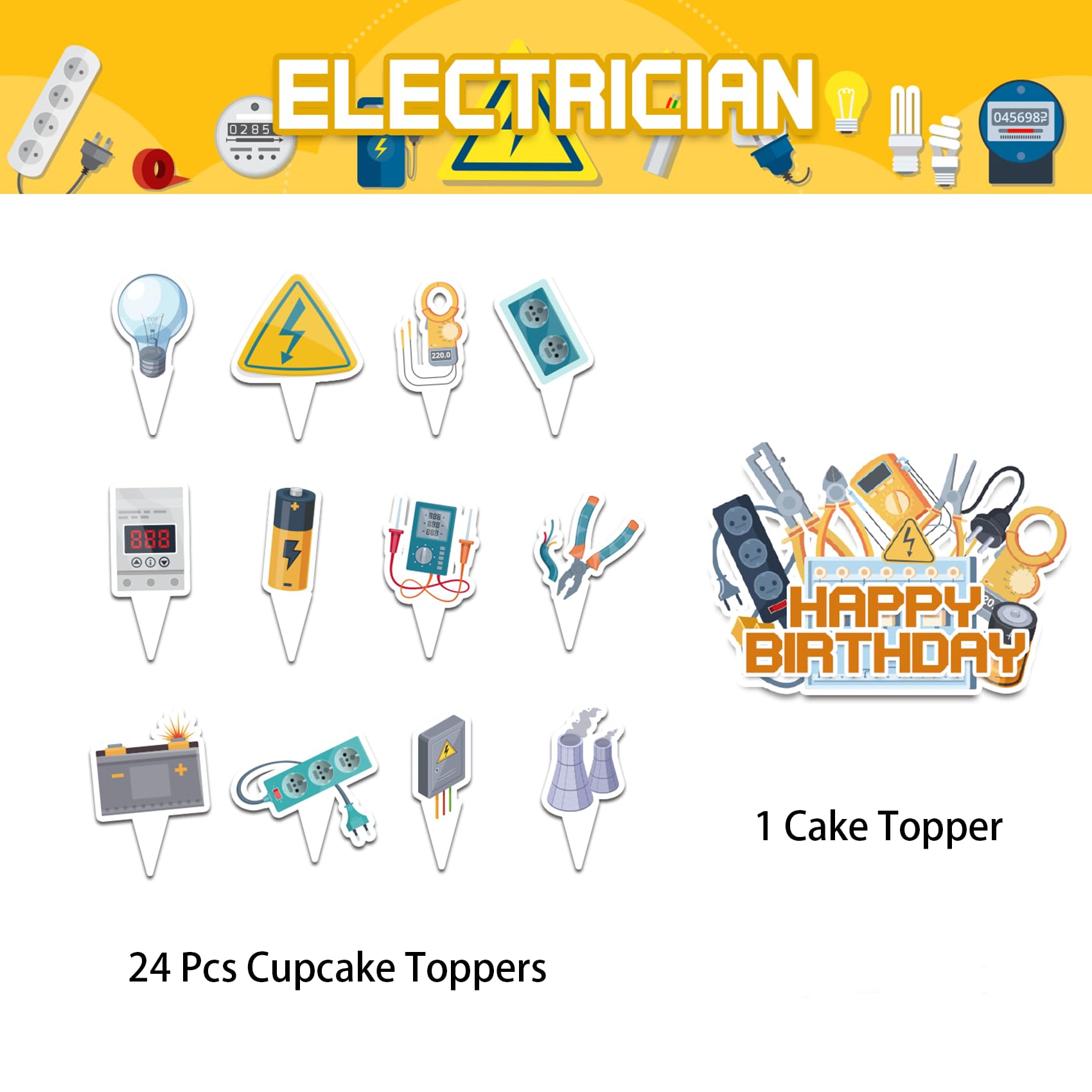 25 Pcs Electrician Cake Toppers - Lineman & Power Themed Cupcake Decorations for Electrician Birthday Party, Retirement Celebration & Appreciation Gifts - Funny Electrical Worker Party Supplies for Cakes, Cupcakes & Desserts