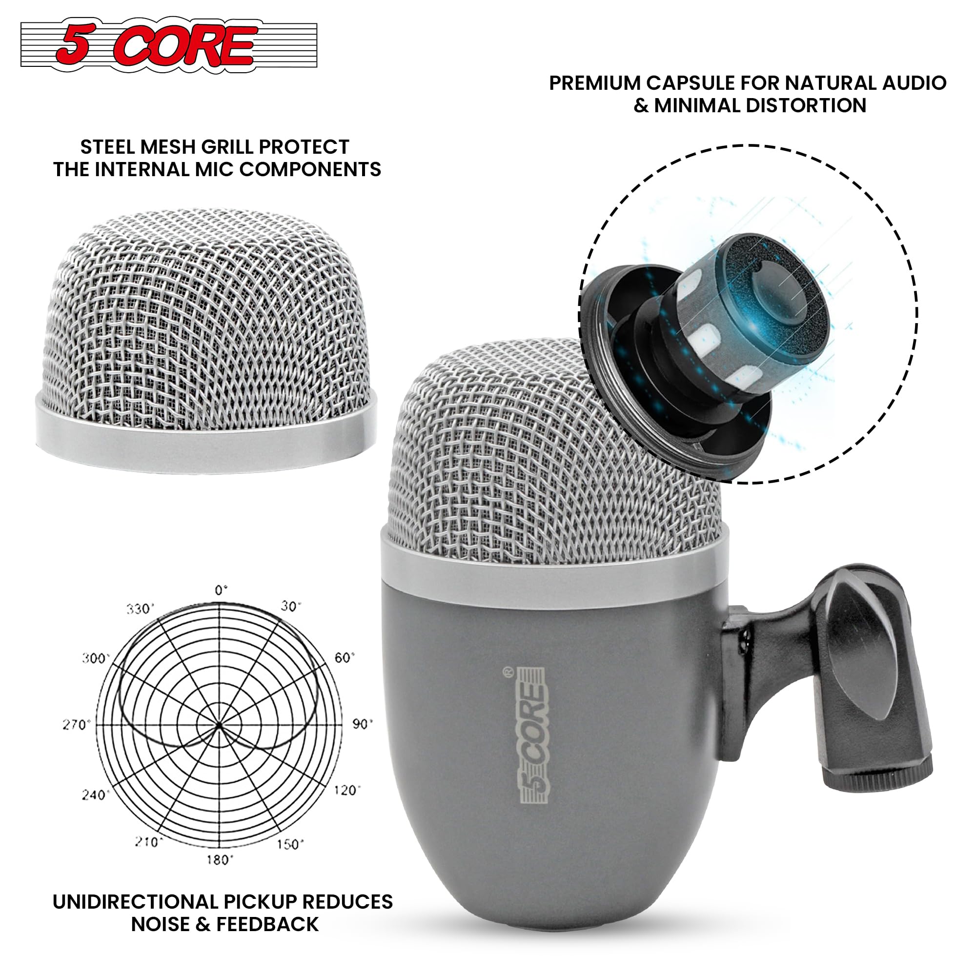 5 CORE Drum Microphone - High Sensitivity Snare & Tom Instrument Mic with Dynamic Moving Coil, Uni-Directional Pickup, Swivel Mount & Durable Steel Mesh Grille - Perfect for Live Performances, Studio Recording & Drum Kits (Grey)
