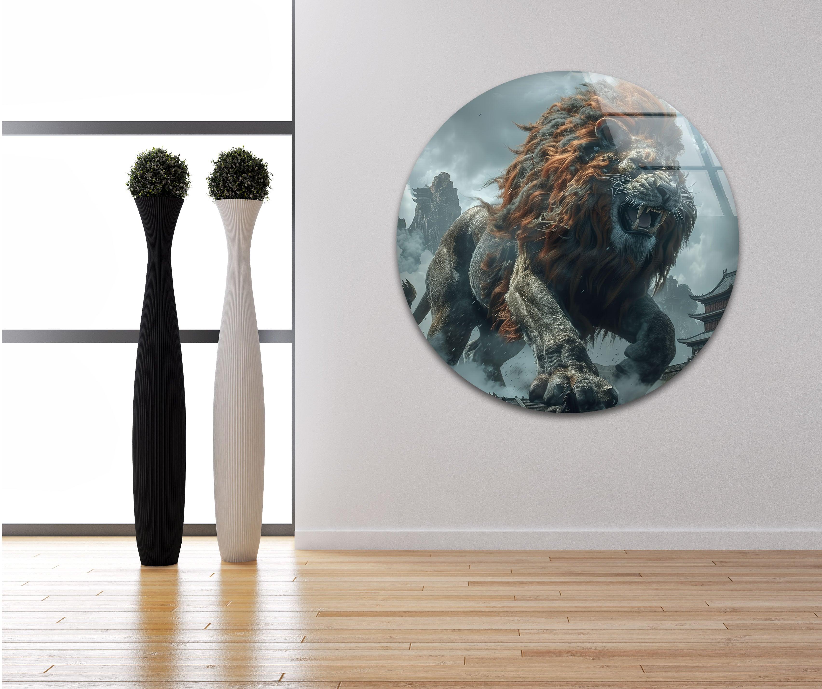 Chinese Lion Glass Wall Art - Handcrafted Feng Shui Decor for Home & Office - Perfect for Living Room, Bedroom, or Entryway Display