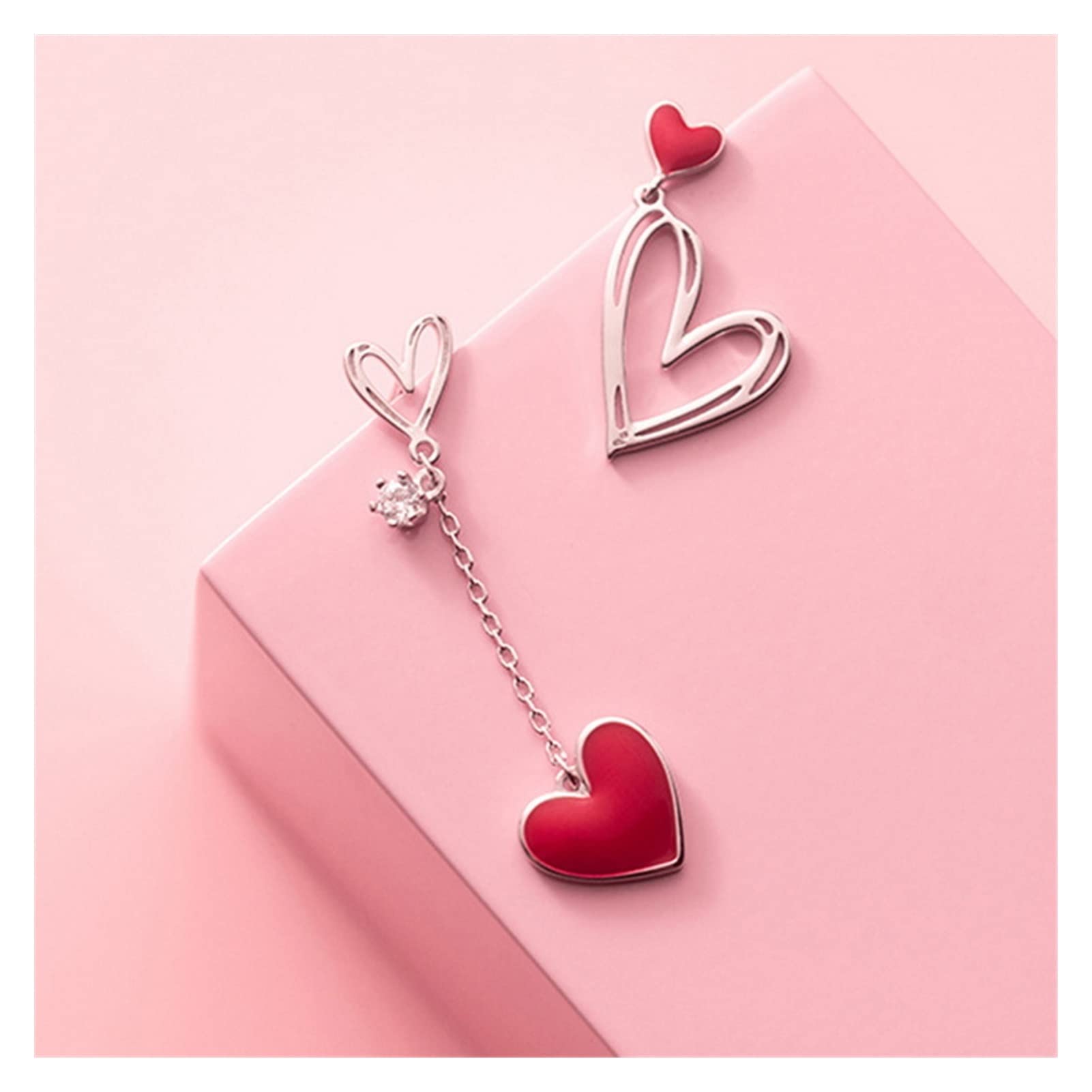 Asymmetric Red Heart Stud Earrings for Women - Creative Hollow Long Tassel Pearl Drop Earrings Set | Elegant Party Jewelry, Birthday Gift & Everyday Wear (Color Options) | Perfect for Date Nights, Weddings & Special Occasions