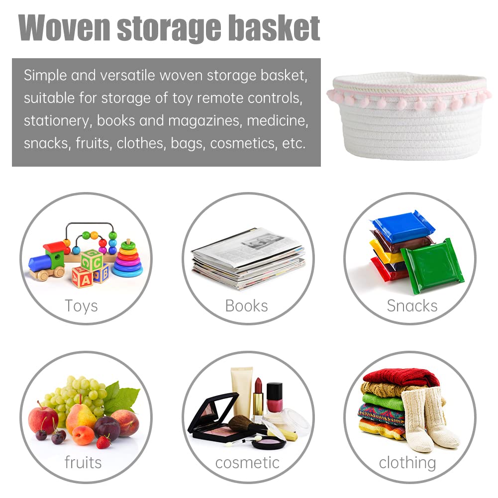 PHEZEN Cotton Rope Storage Baskets - Small Woven Decorative Bins for Toys, Snacks, Clothes, Cosmetics, Fruits & Books - Boho Chic Home Organization (20.5cm x 9.5cm) - Perfect for Nursery, Bathroom, Living Room & Bedroom Storage